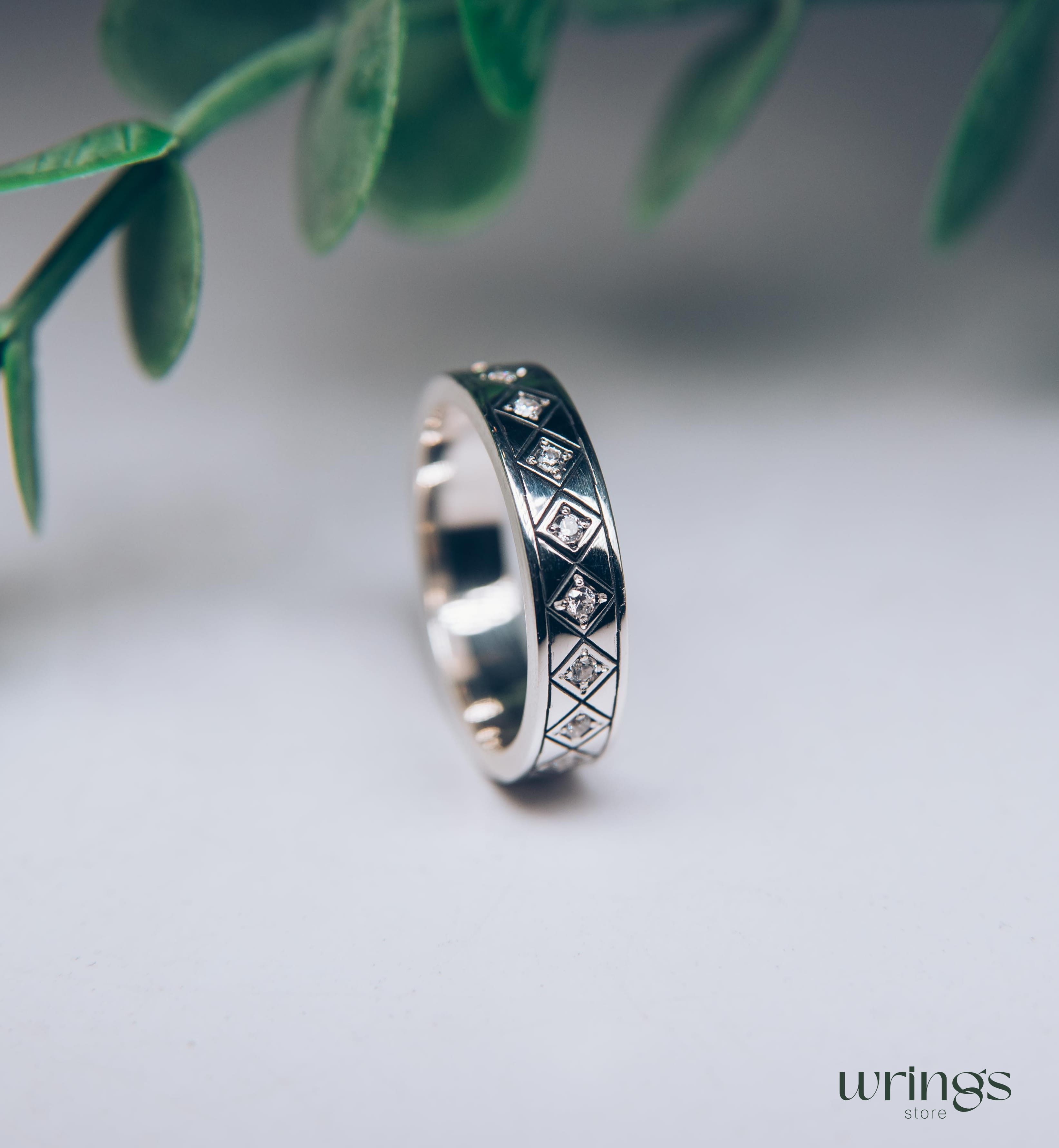 Silver Eternity Ring with Multi Gems Engraved Rhombus
