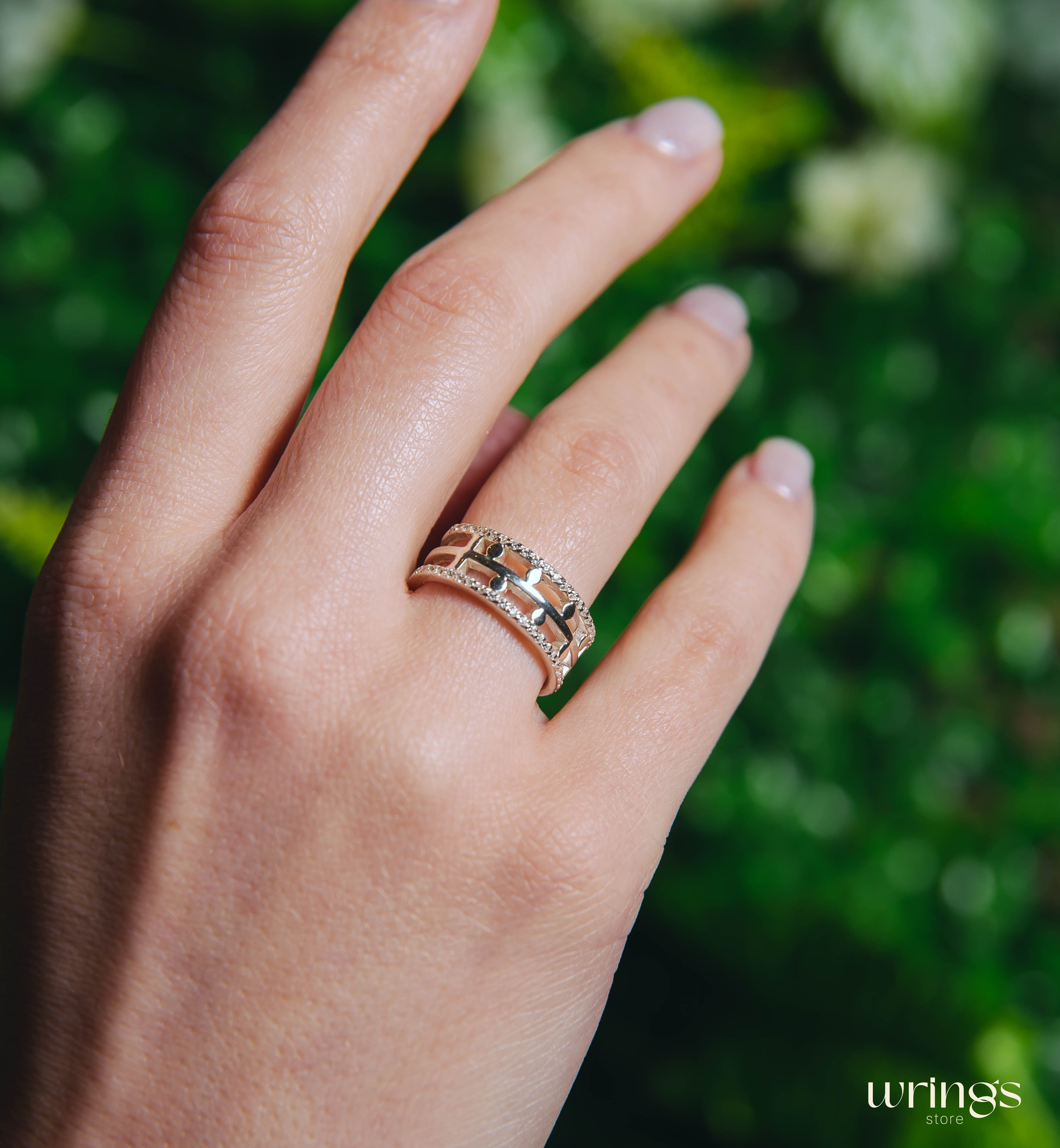 Diamonds and Dots Modern Wedding Band Sterling Silver