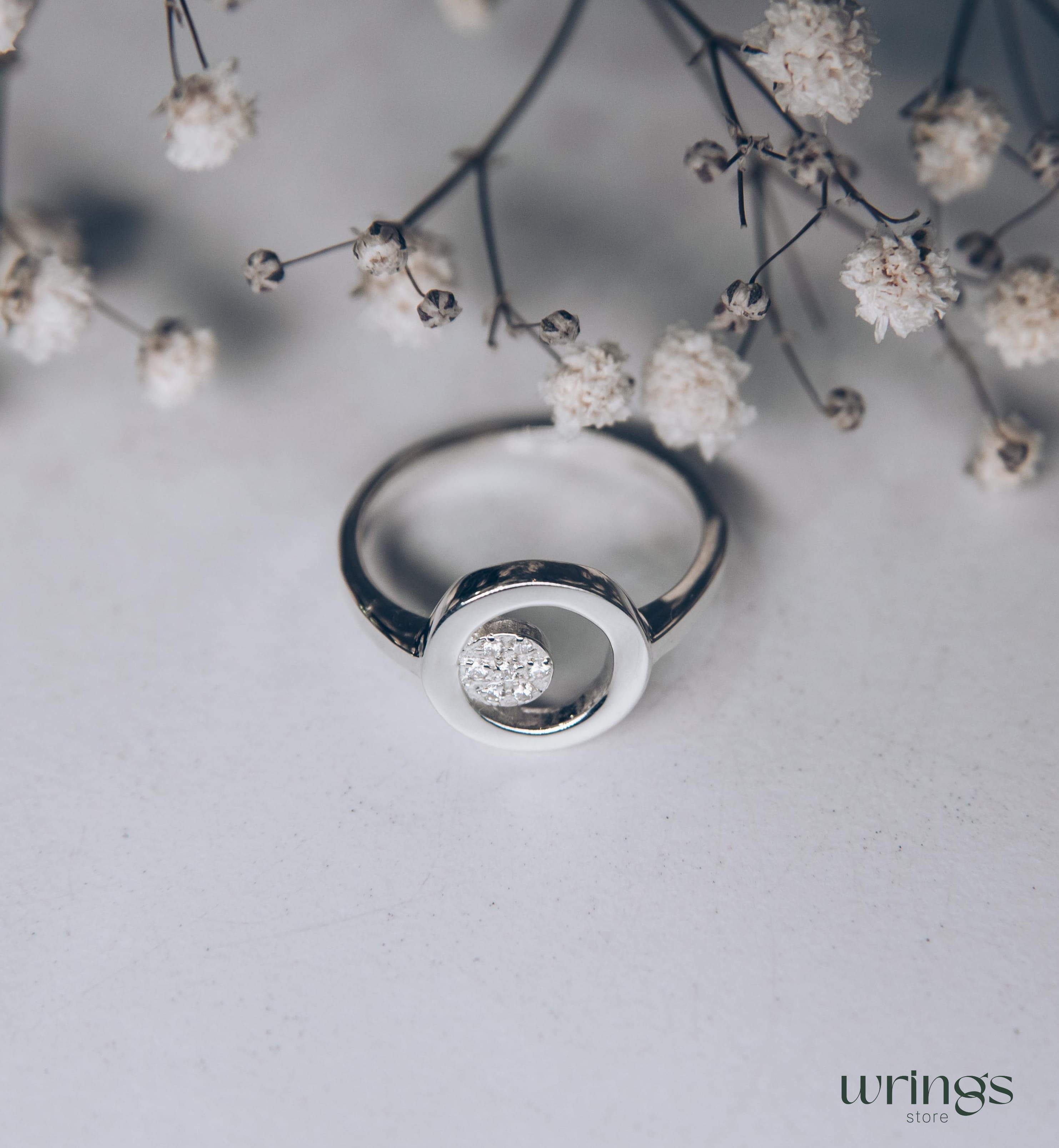 Open Circle Engagement Ring Silver Pave Set Diamonds