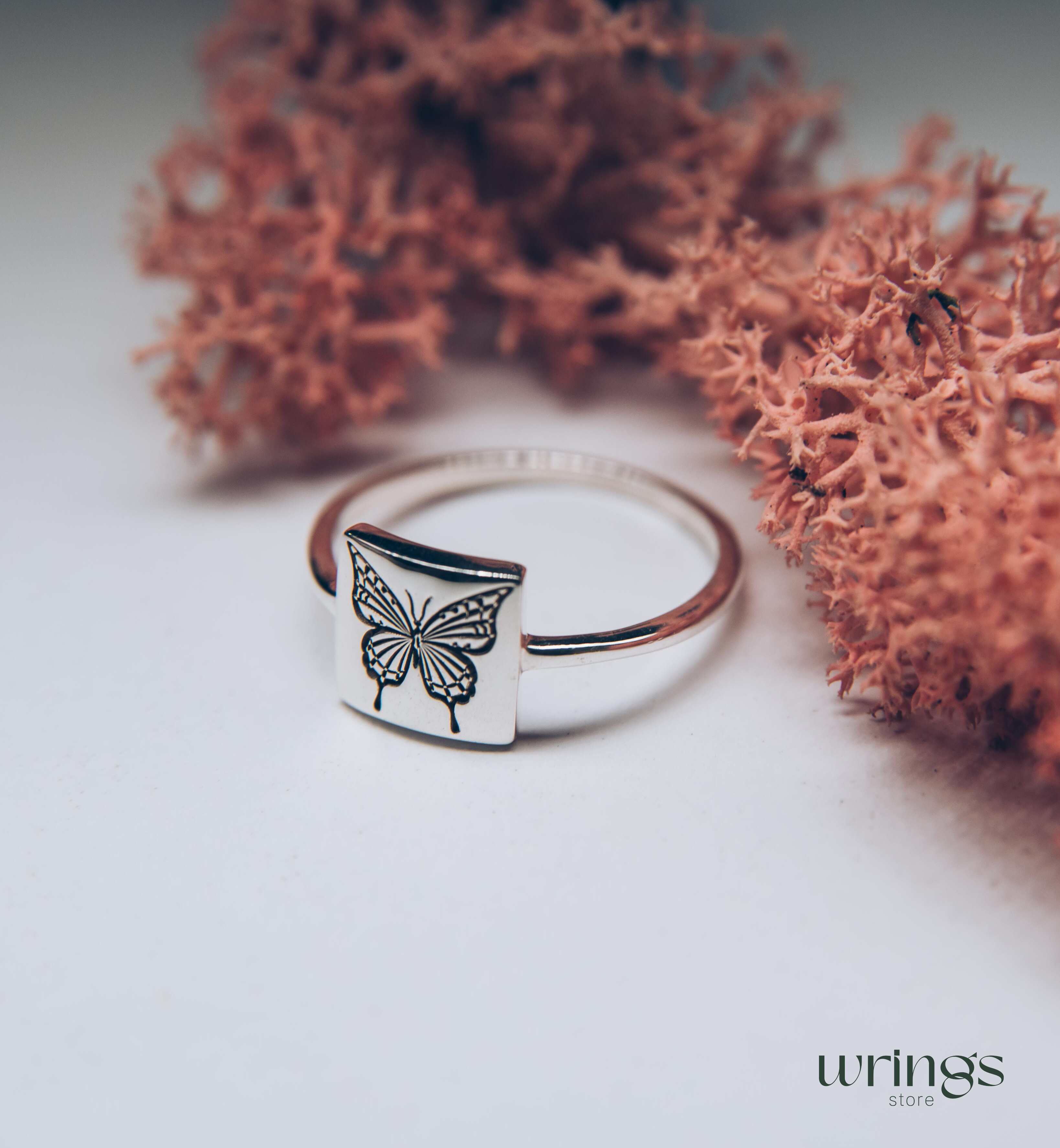 Engraved Monarch Butterfly Silver Square Signet Ring