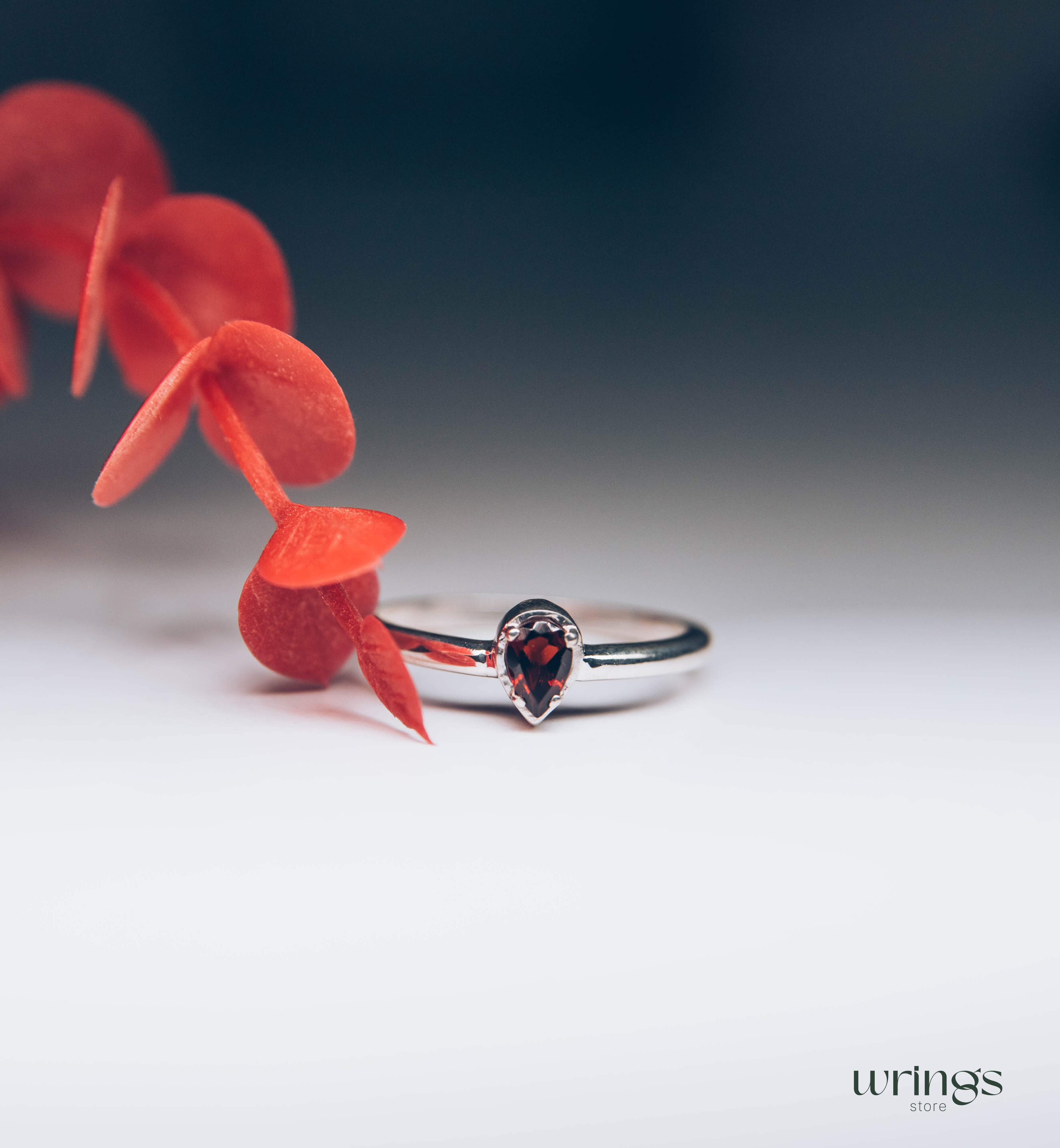 Pear cut Garnet Minimalist Silver Solitaire Ring