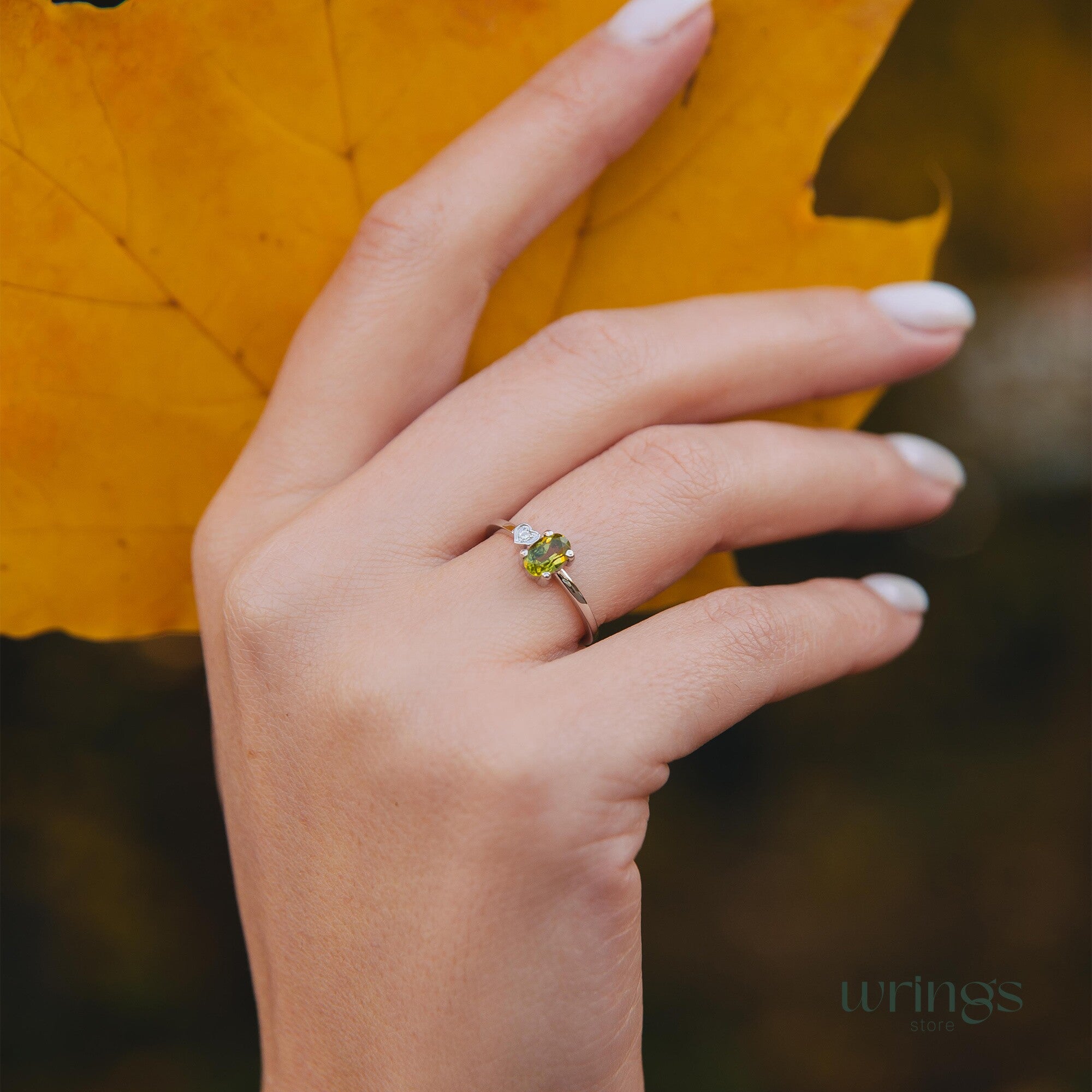 Peridot & CZ Heart Silver Engagement Ring