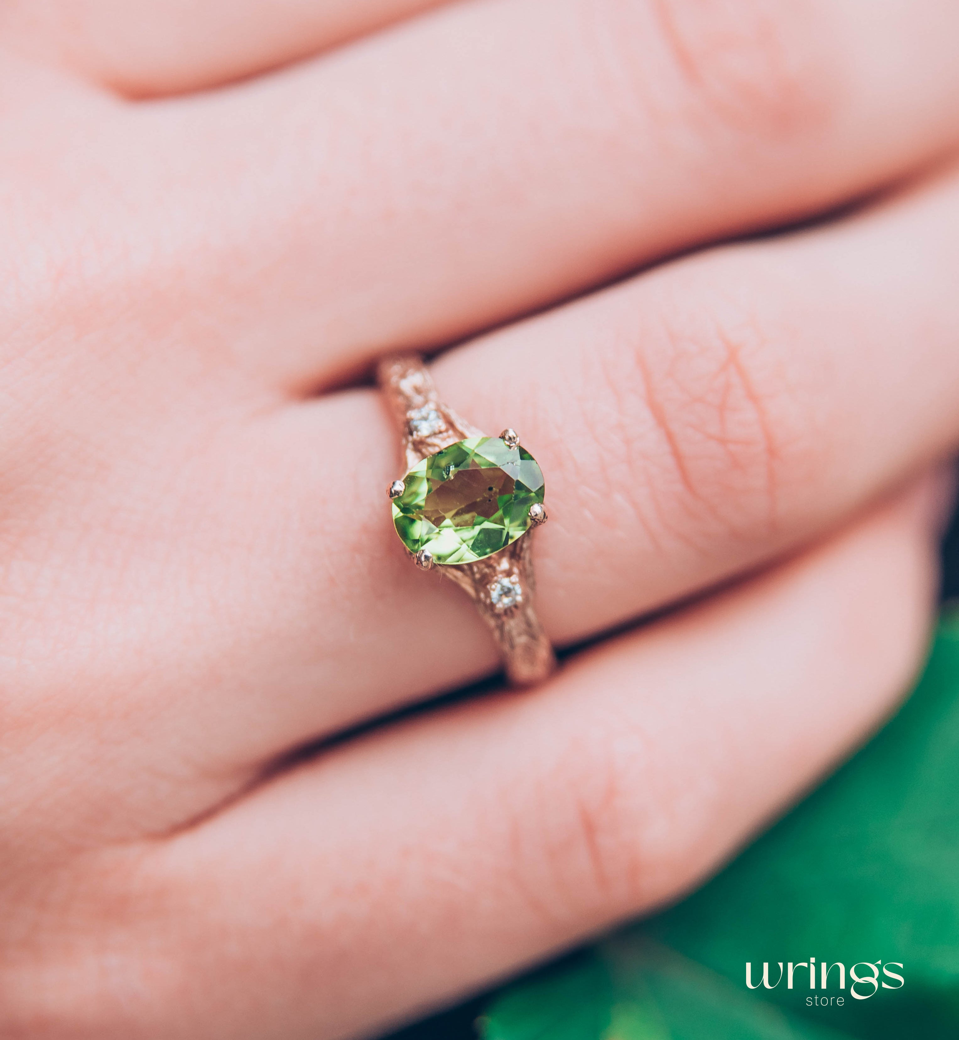 Oval Peridot in Branch Three Stone Engagement Ring Gold