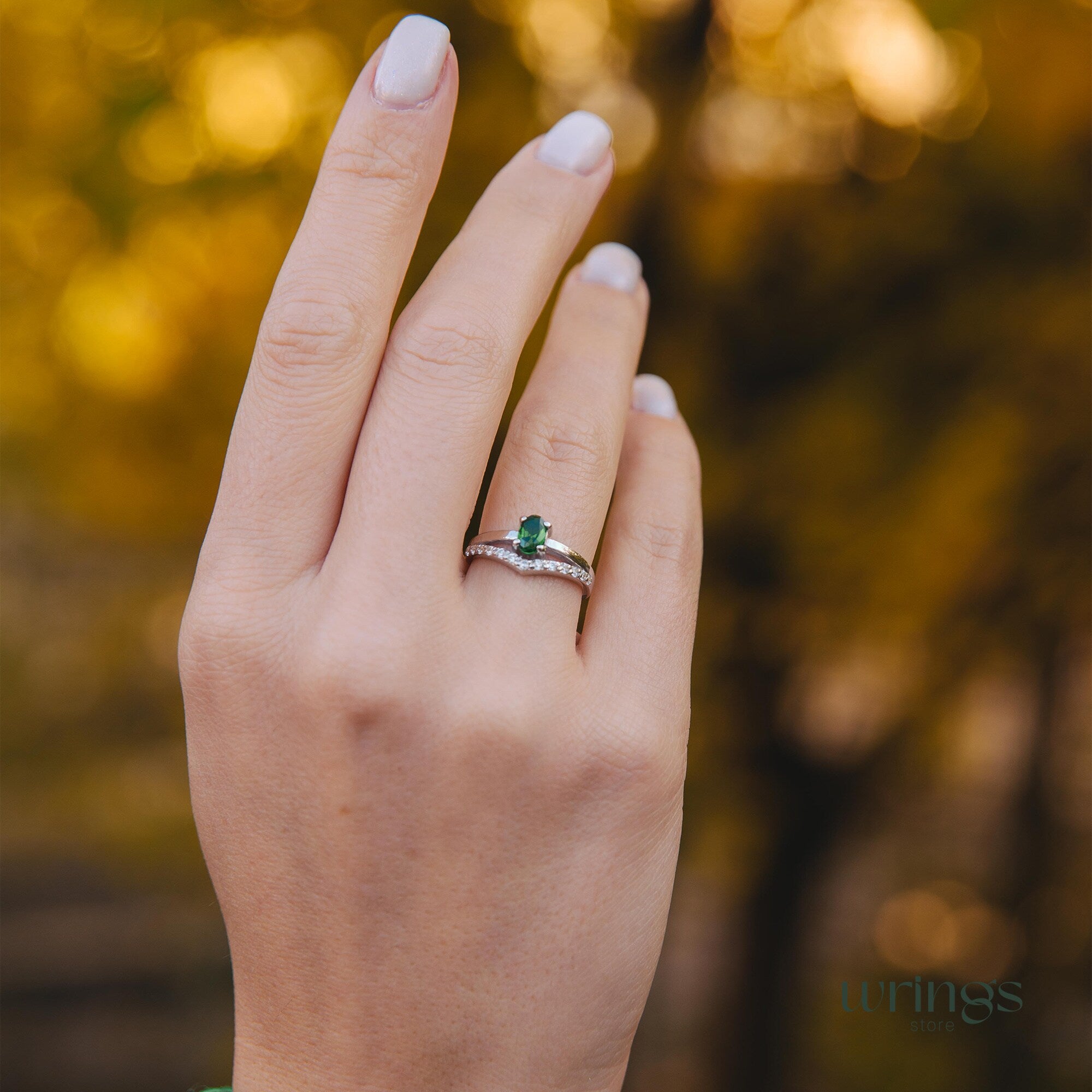 Vertical Oval Emerald V Engagement Ring Silver with CZ