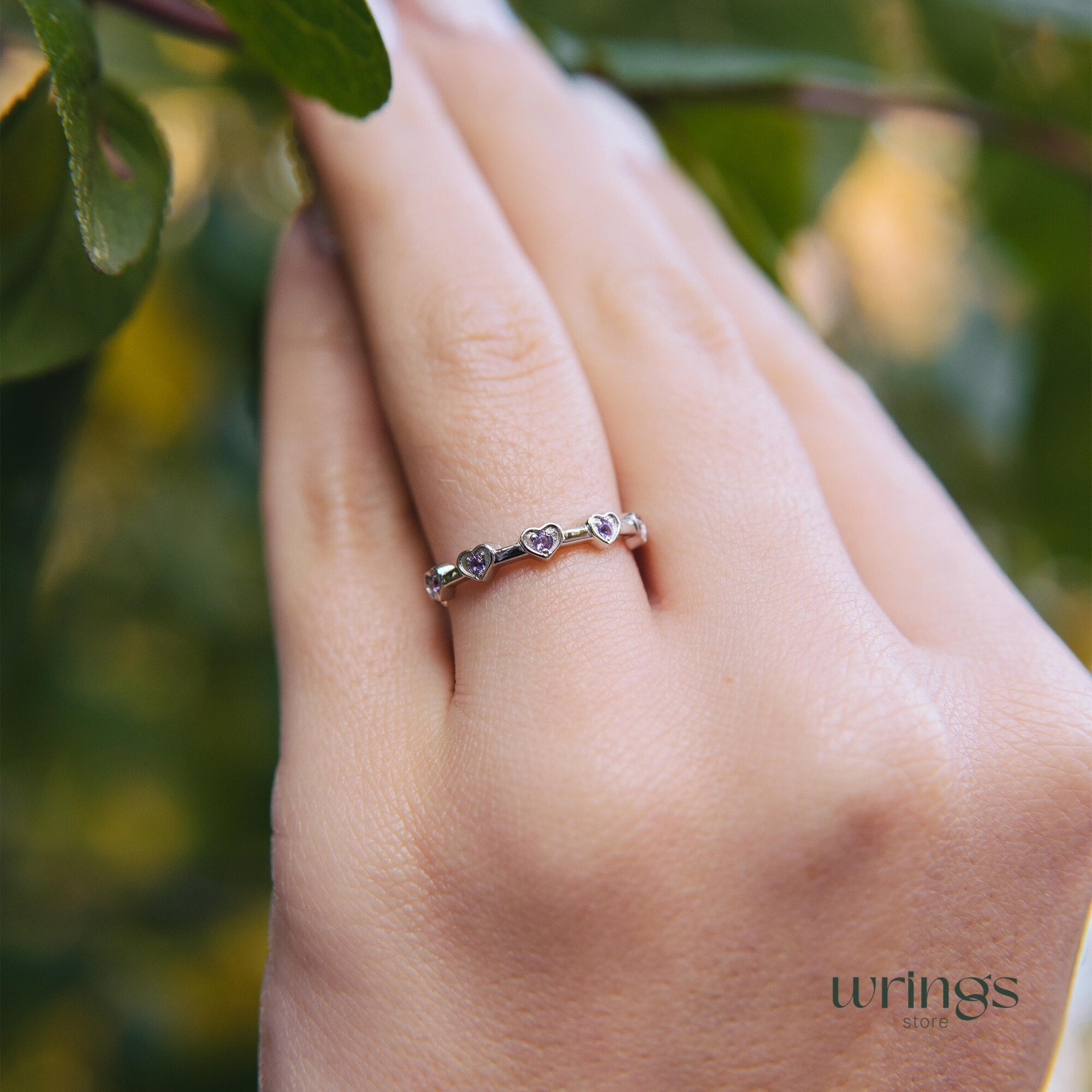 Delicate Amethysts in Multi Hearts Silver Promise Ring