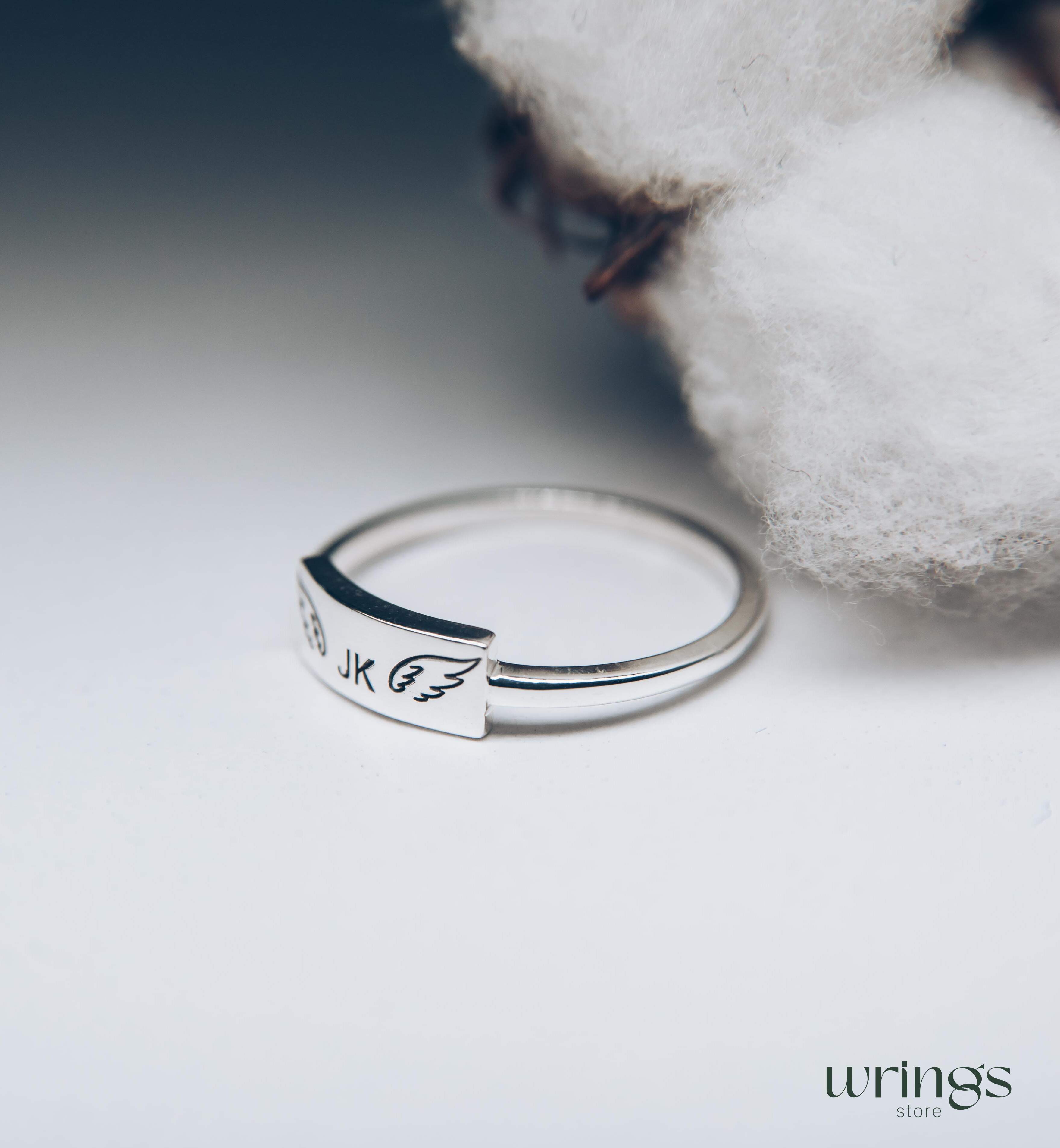 Silver Flat Top Initial Ring Engraved Wings & Lettets