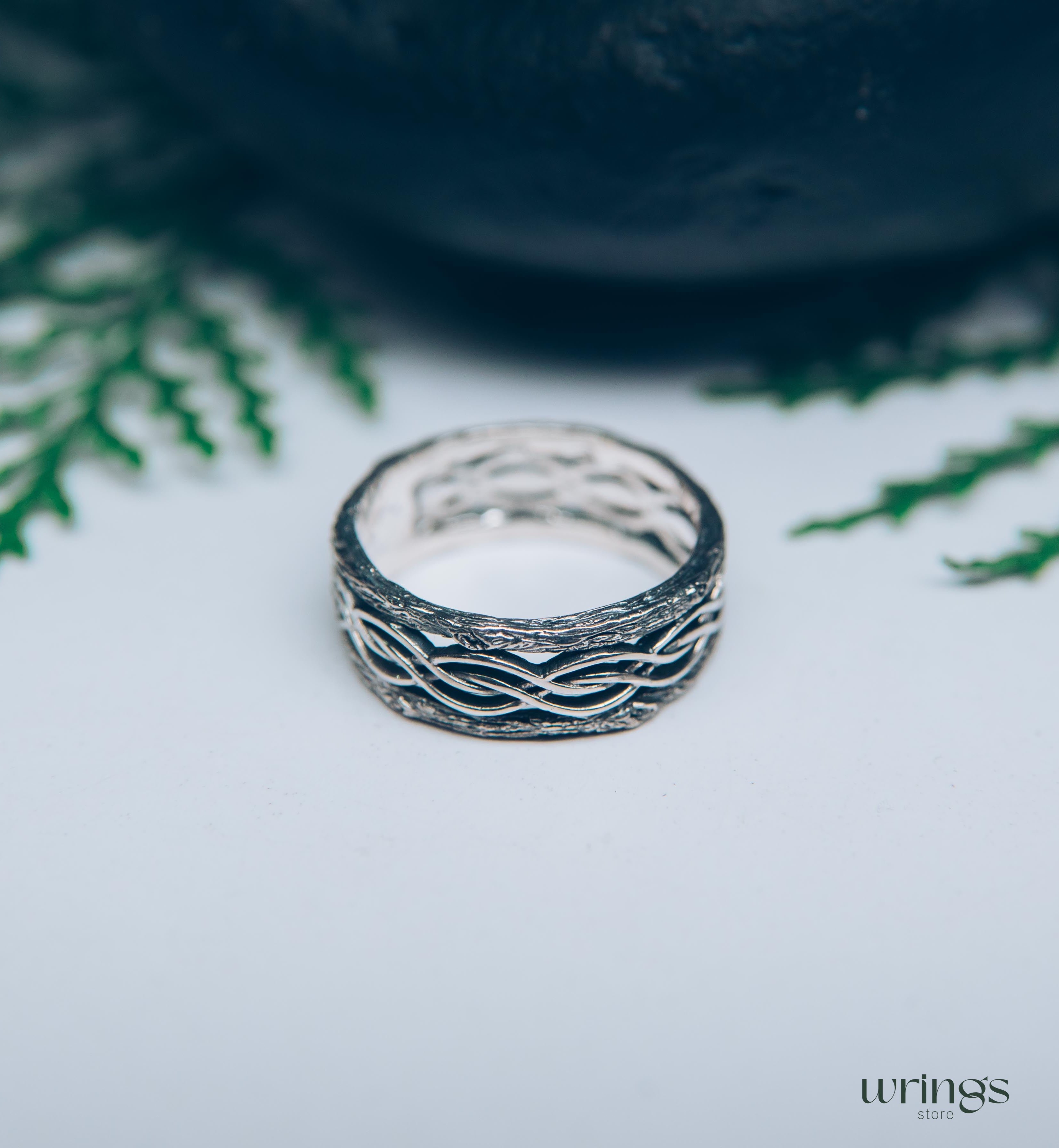 Silver Tree bark and Wavy lines Braided Wedding Band