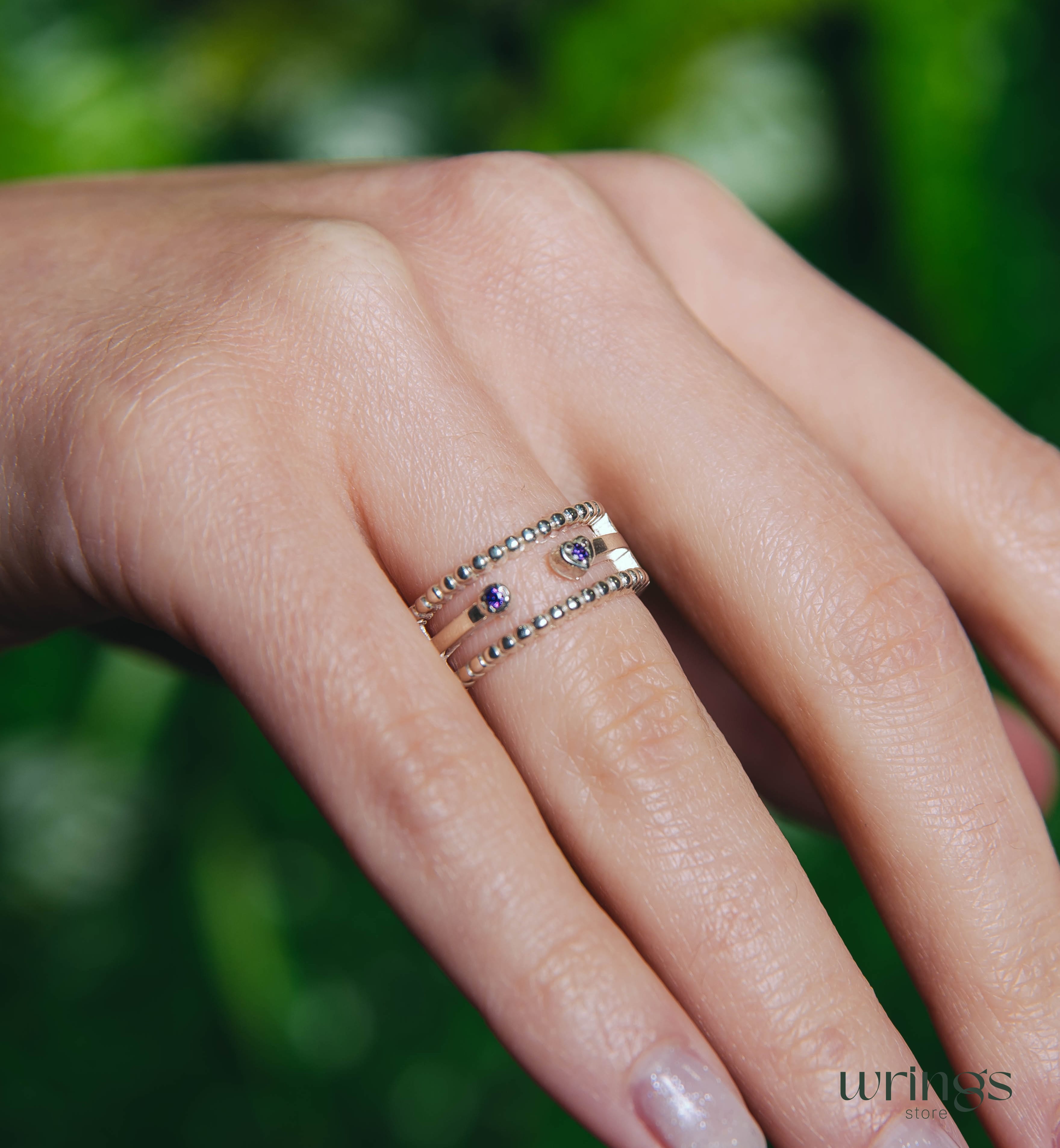 Wide Open Silver Band Beaded Design Heart & Amethyst