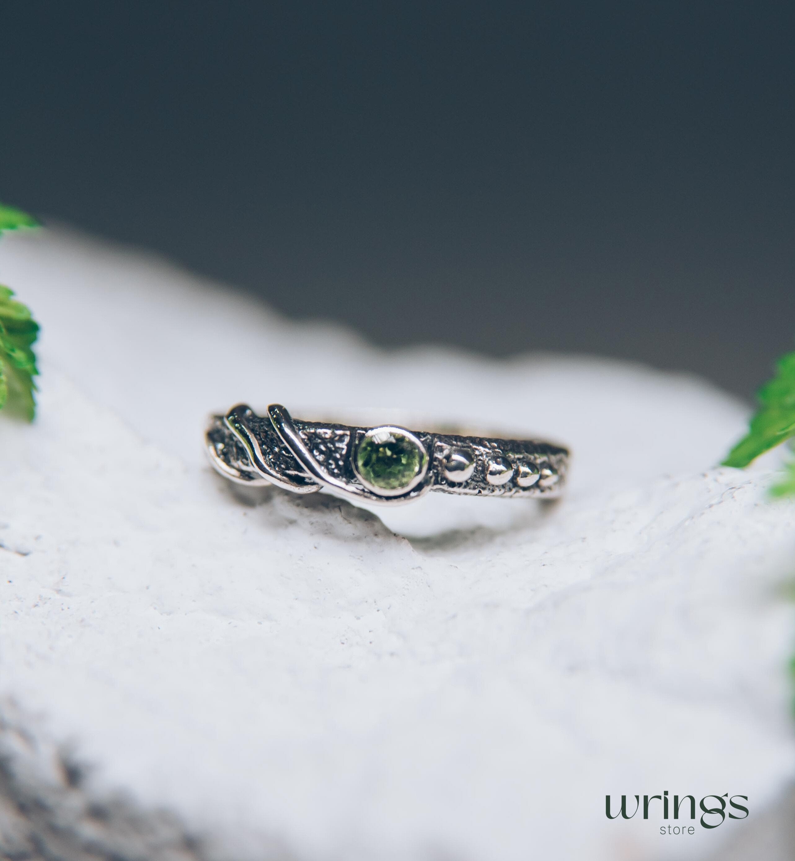 Modern Wild twisted Silver Engagement Ring with Peridot