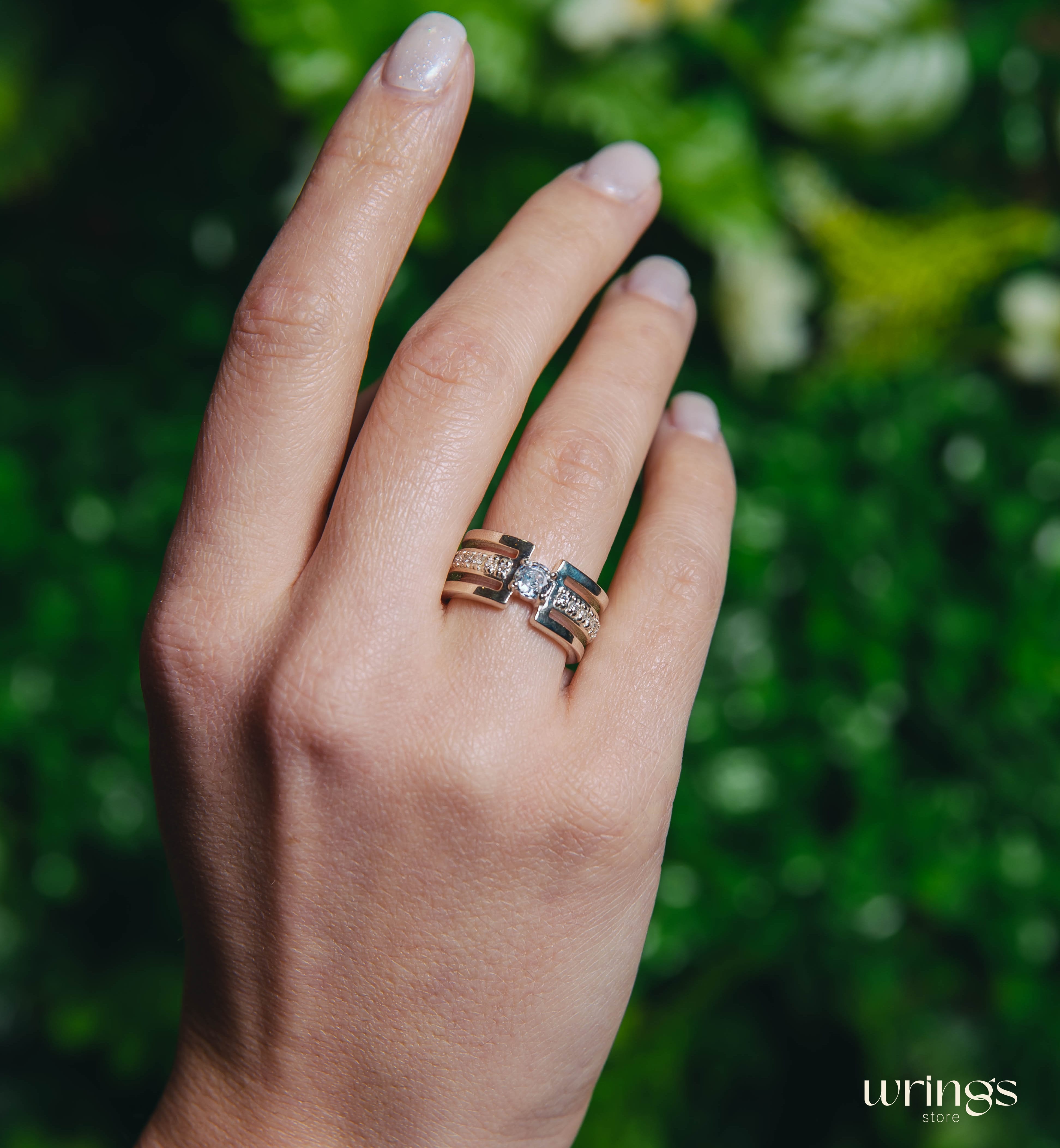 Extra Wide Silver Statement Ring CZ and Side Stones