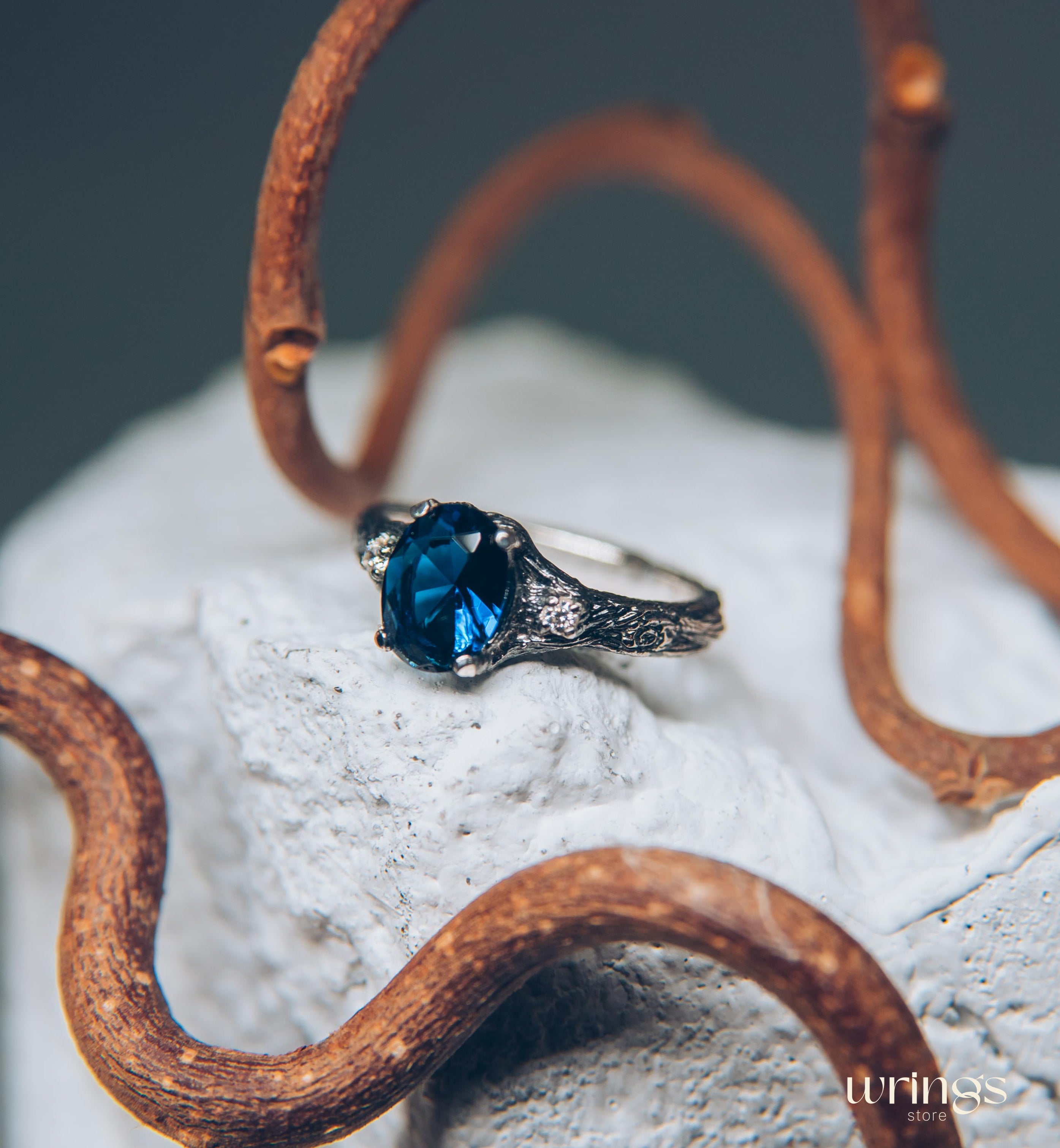 Oval Sapphire with Twig Ring made in Sterling Silver