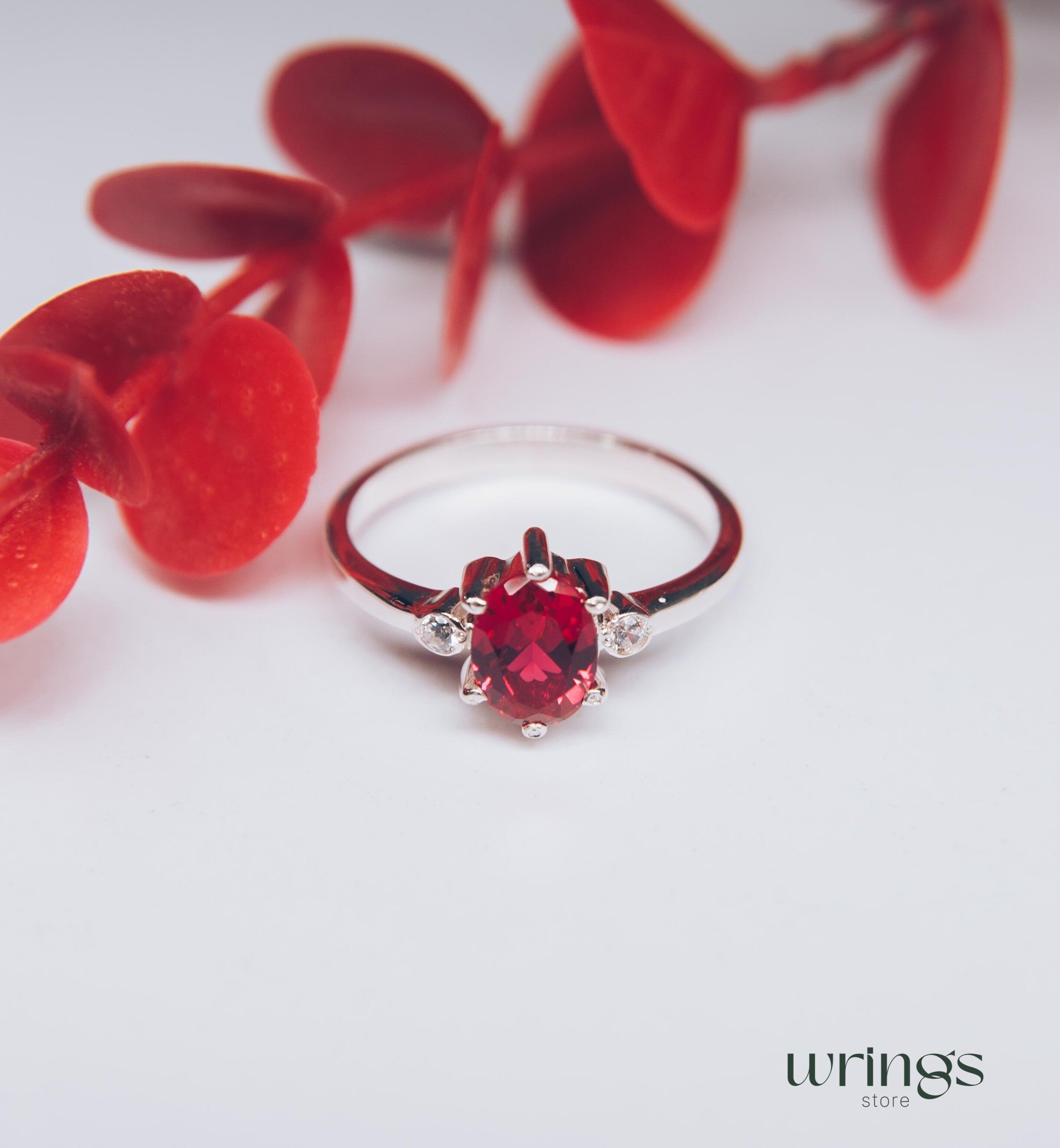 Large Oval cut Red Stone Silver Cocktail Ring & Side Stones