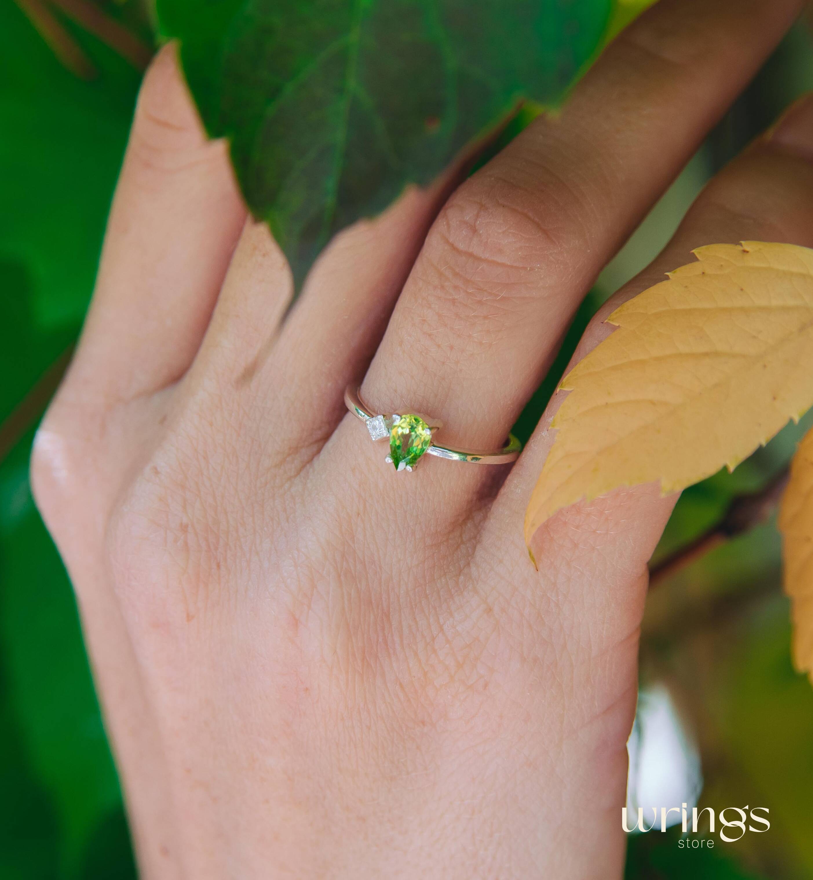 Pear Peridot Engagement Ring Silver Side White Stone CZ