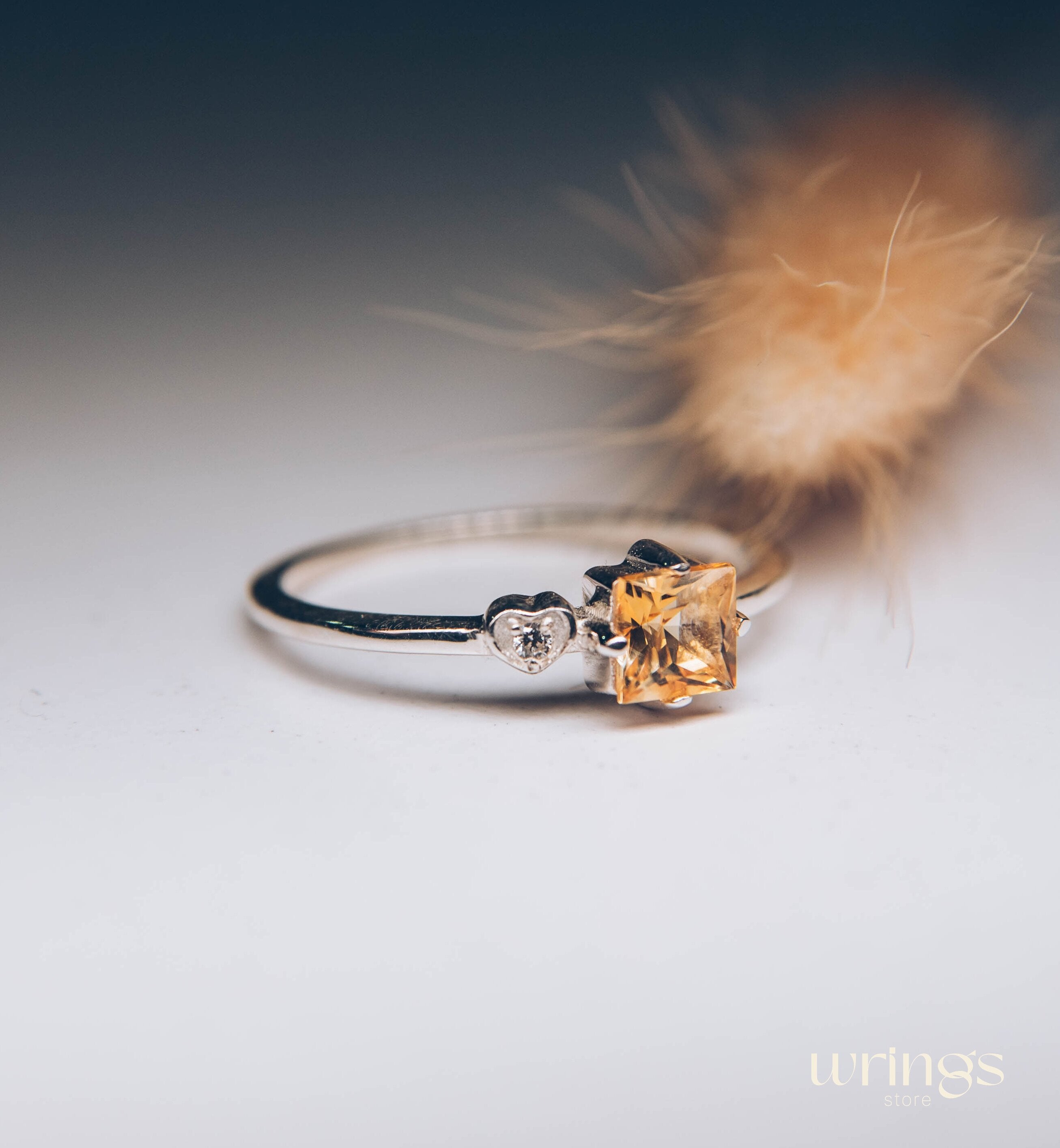 Square Citrine Silver Ring & White Stone in Side Heart