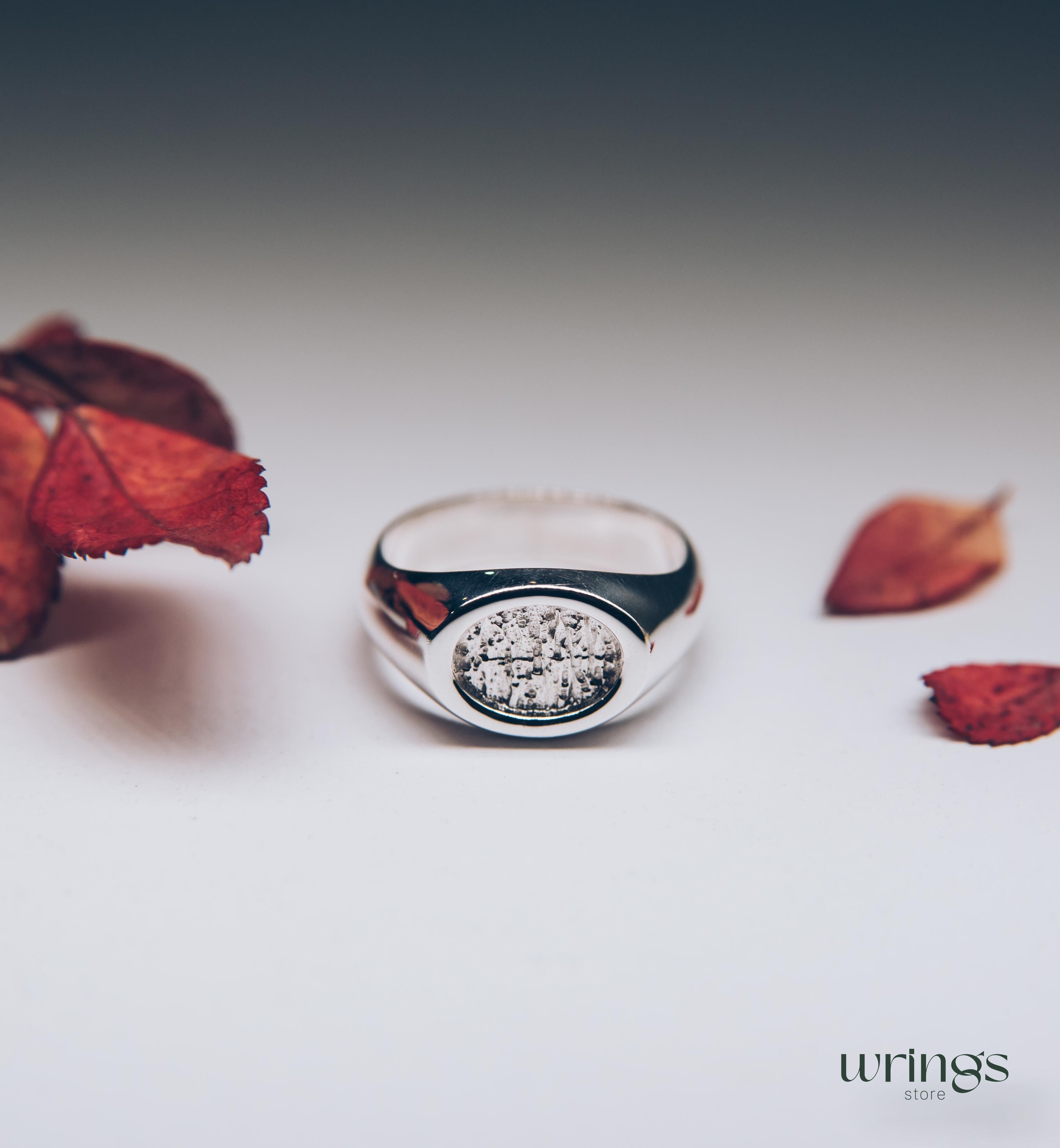 Unisex Silver Oval Signet Ring Hammered Centre