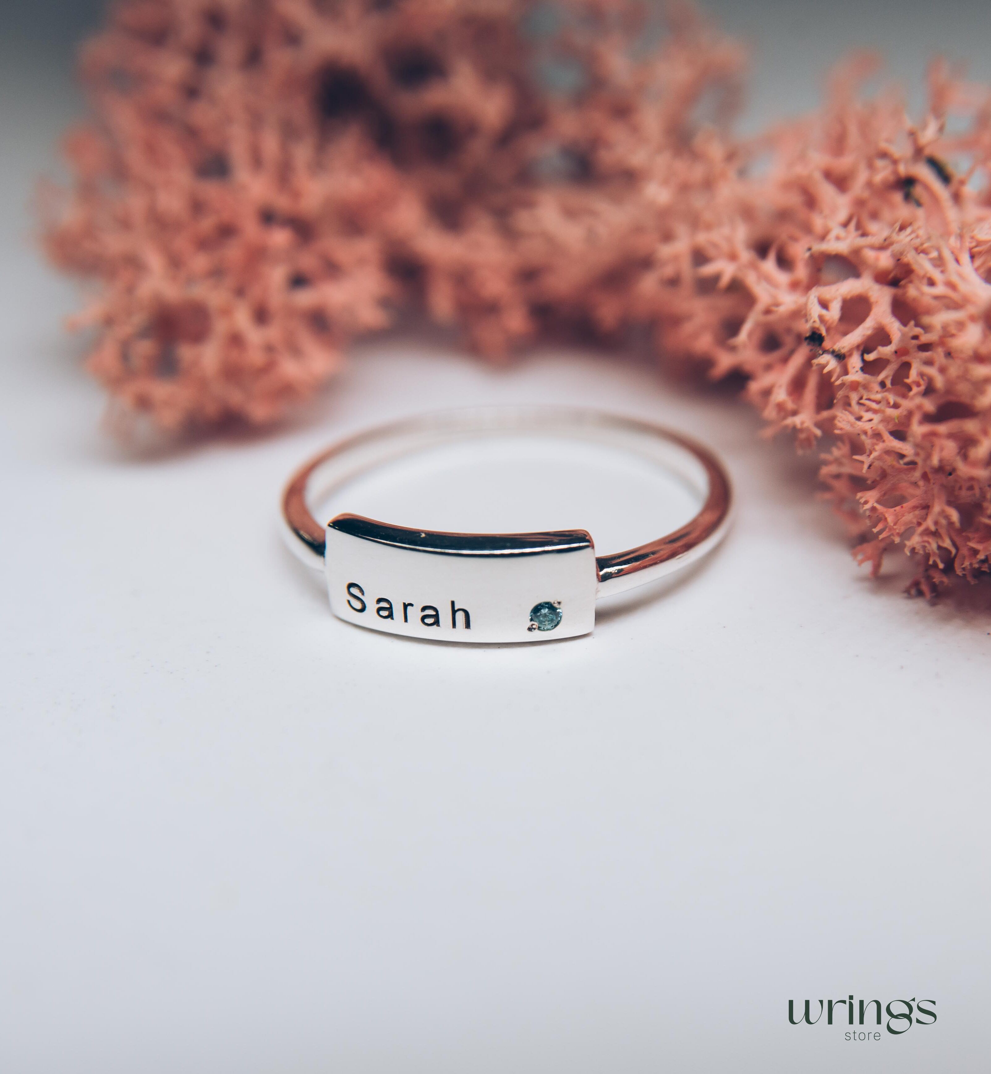 Personalized Silver Name Ring "Sarah" - Topaz & Flat Band