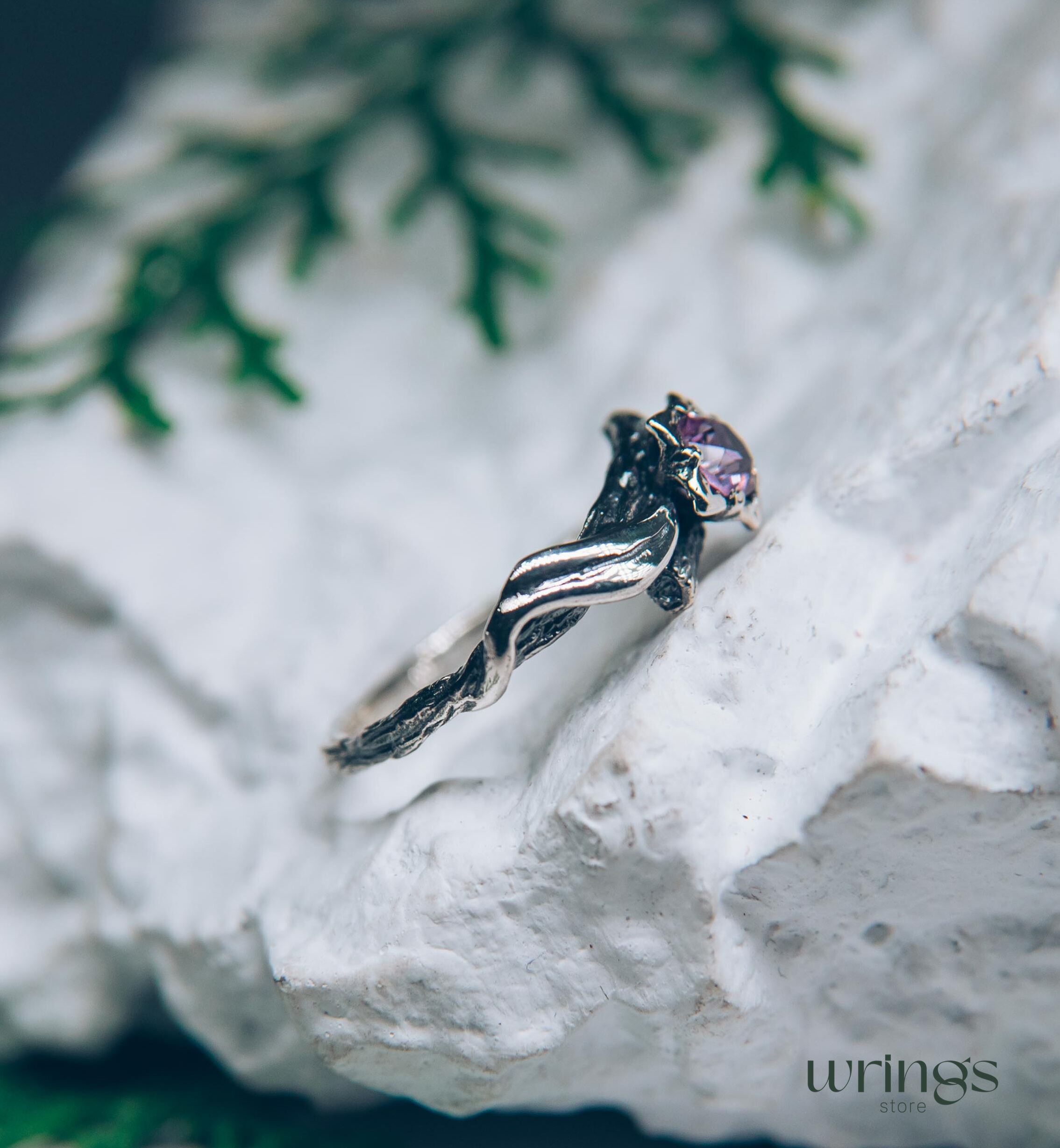 Lilac Amethyst Flower on a Silver dainty Twig Ring for Her