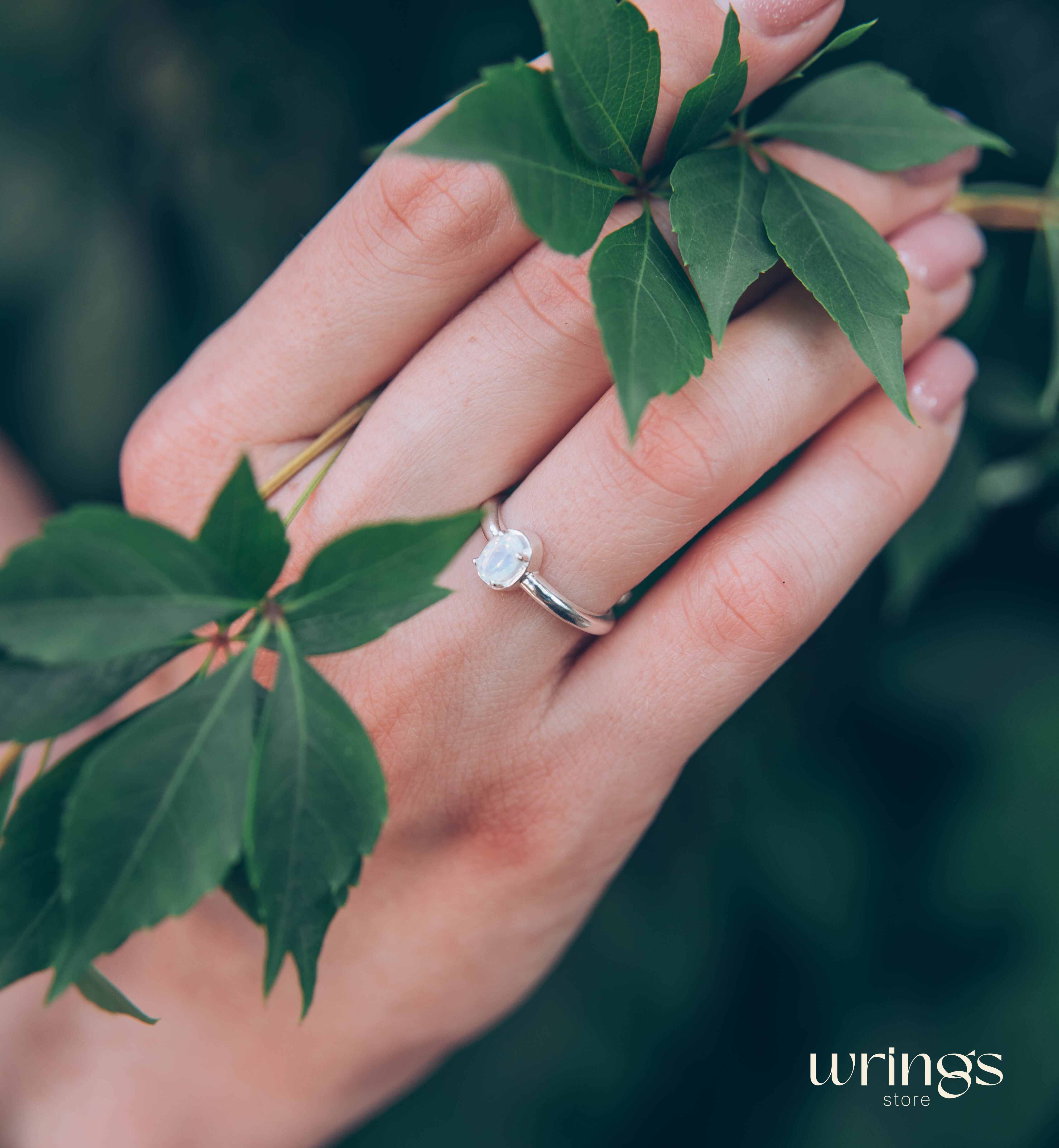 Vertical Oval Moonstone Simple Silver Engagement Ring