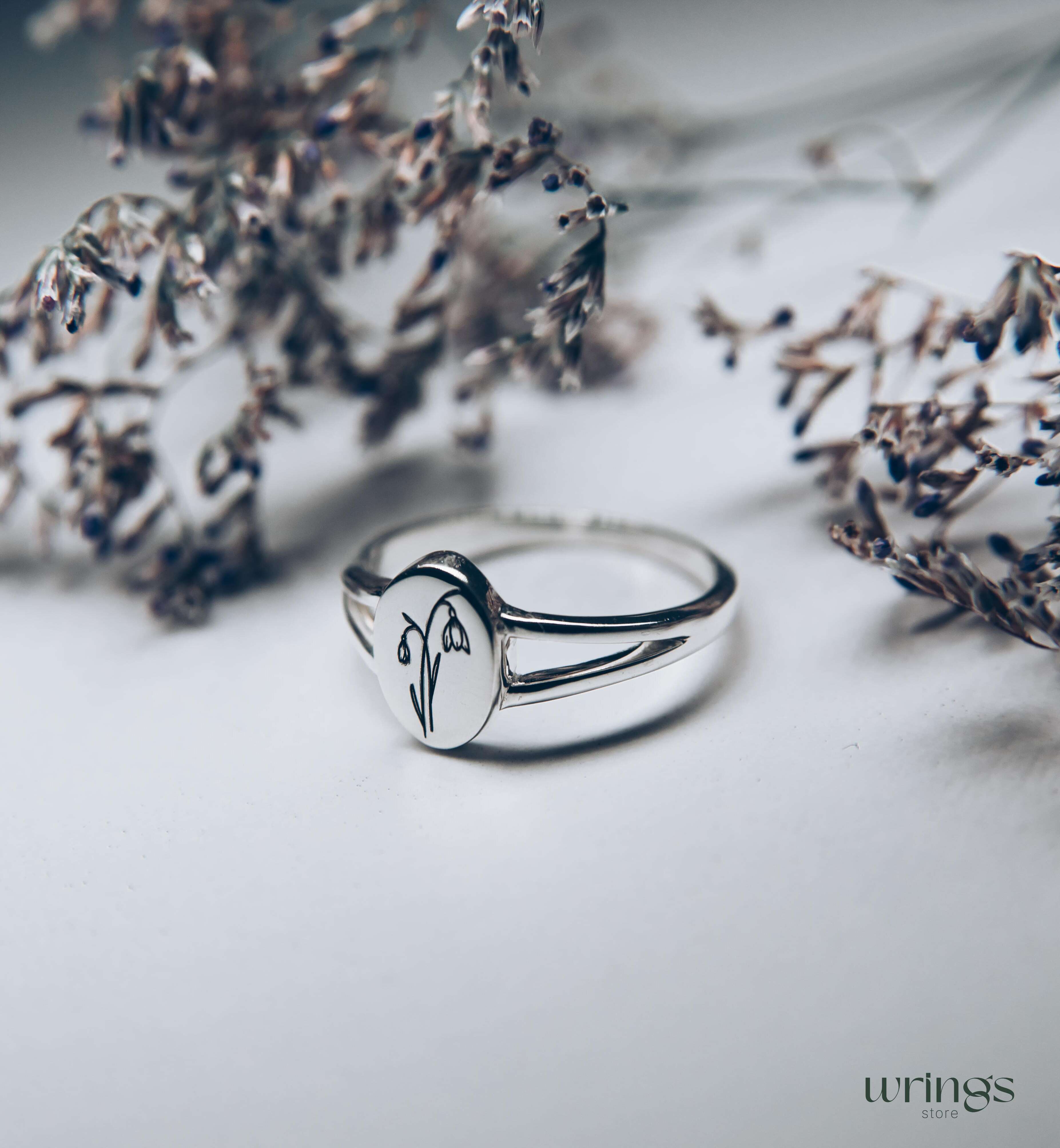 Snowdrop January Birthflower Ring Signet Silver Split Band