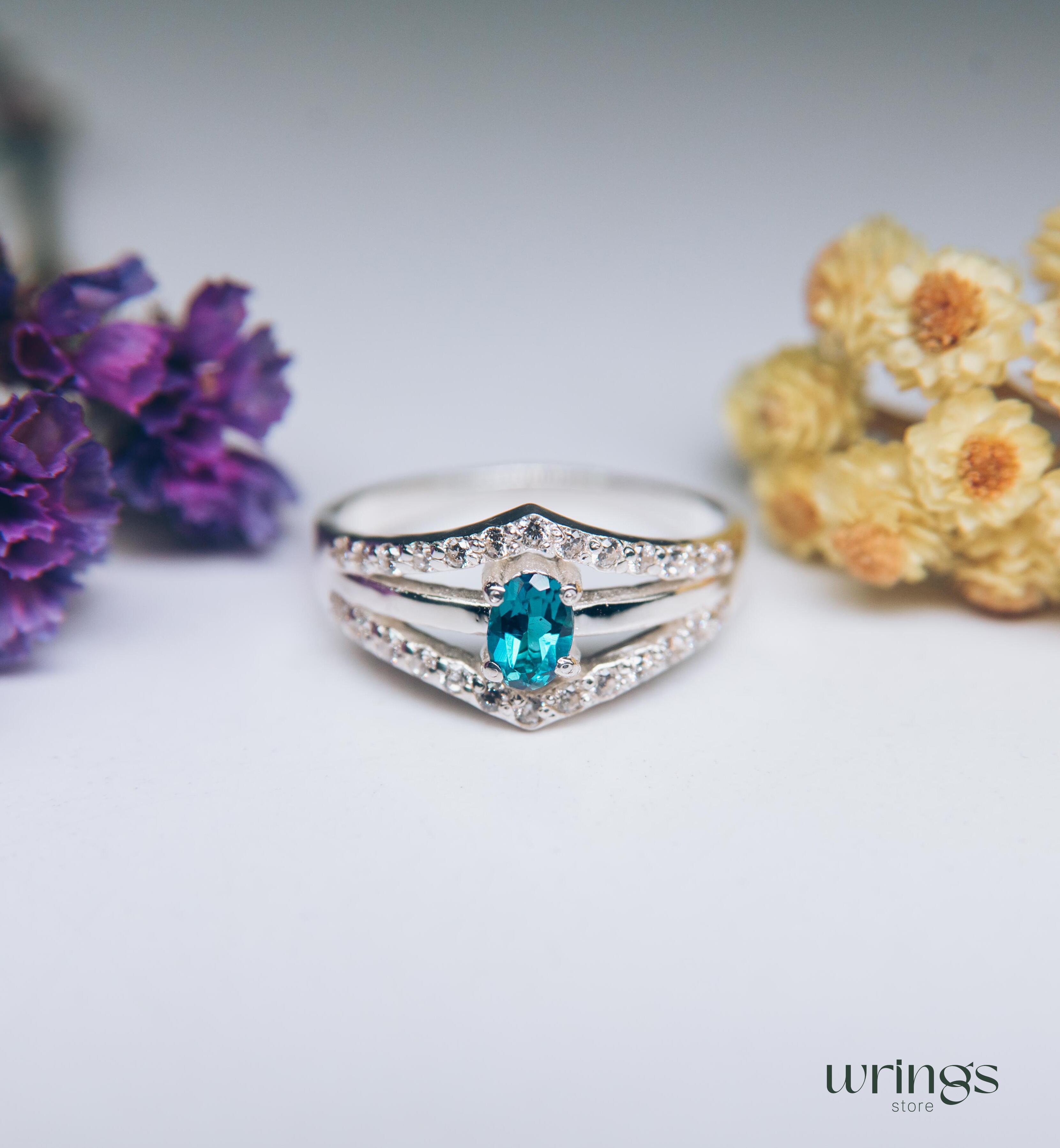 Oval Blue Topaz Engagement Ring Double V-shaped Band