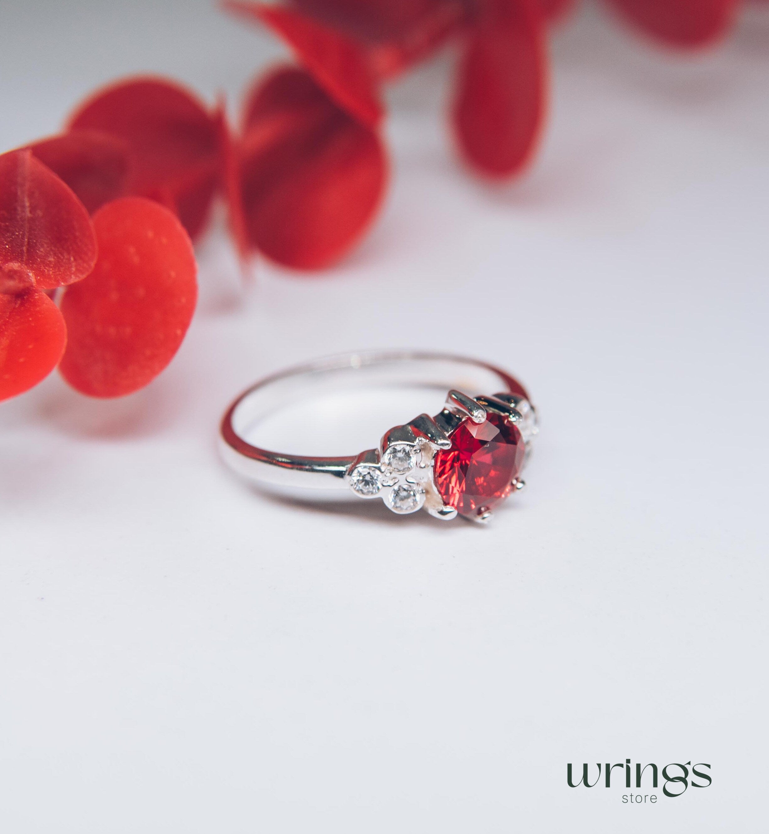 Large Red stone Statement Cluster Engagement Ring Silver