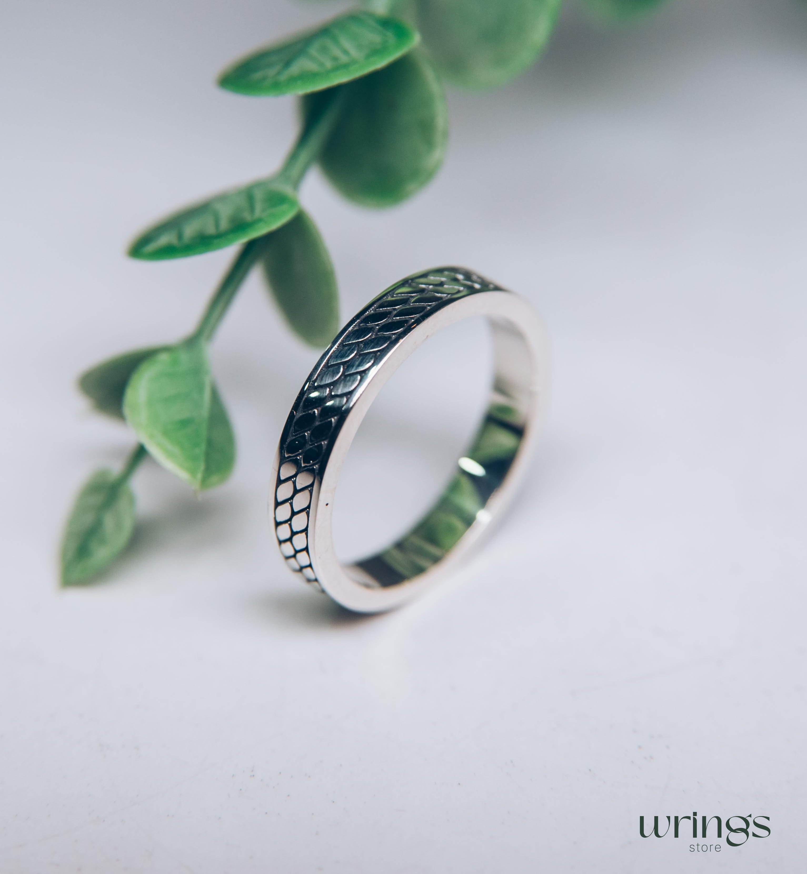 Mens Silver Ring Minimalist Engraved Cobblestone Design
