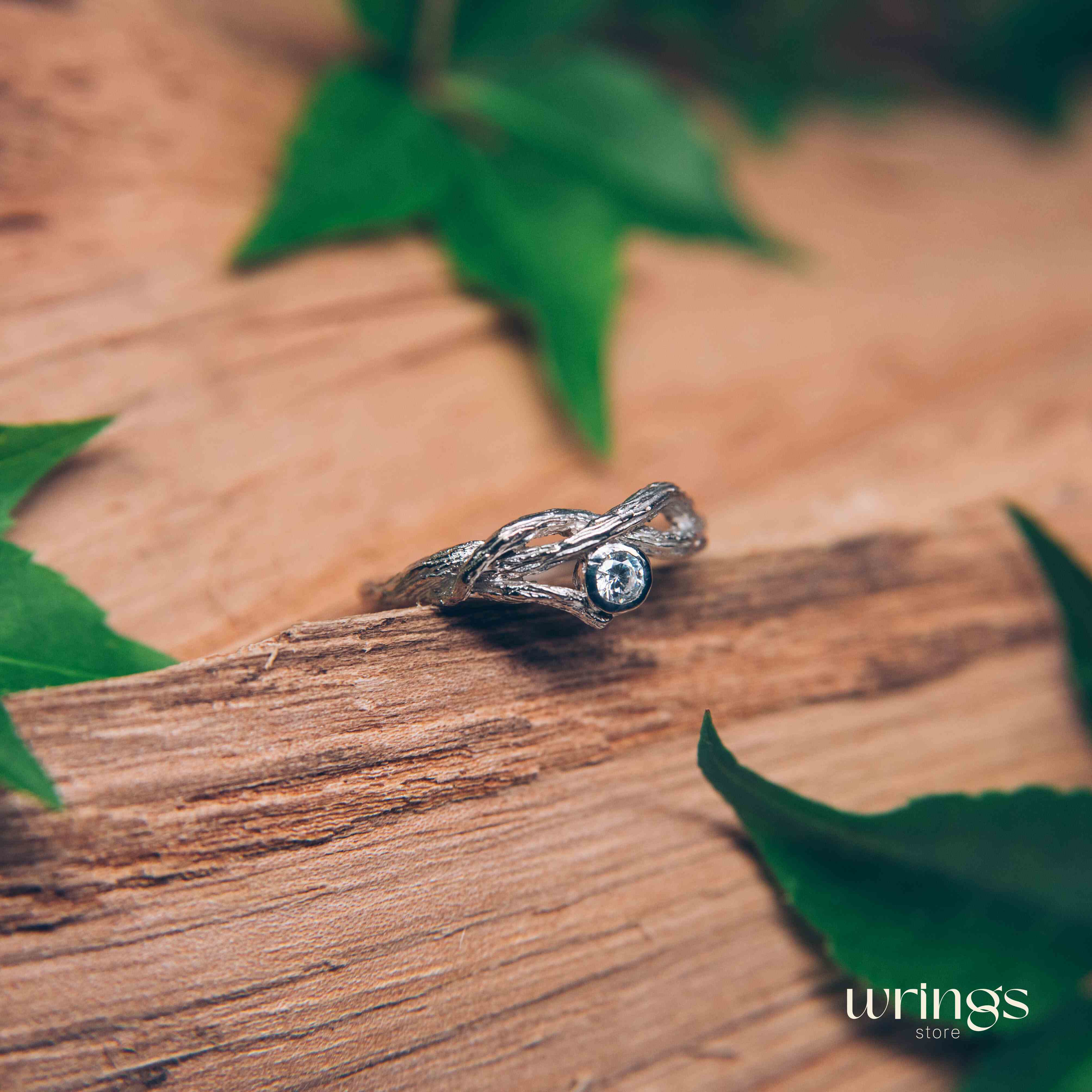 Twig & CZ Simulated Diamond Silver Fairy Engagement Ring