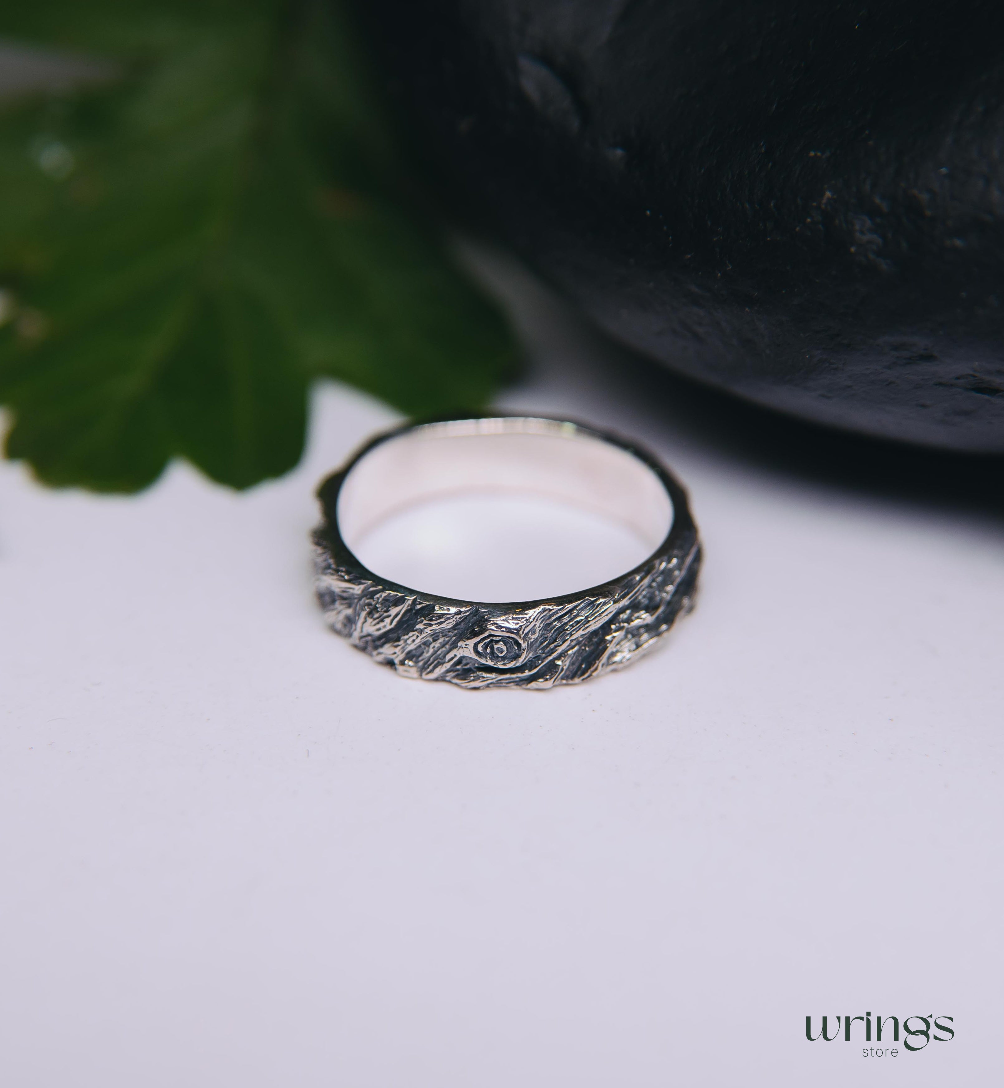 Oxidized Silver Tree bark Men's Large Wedding Band