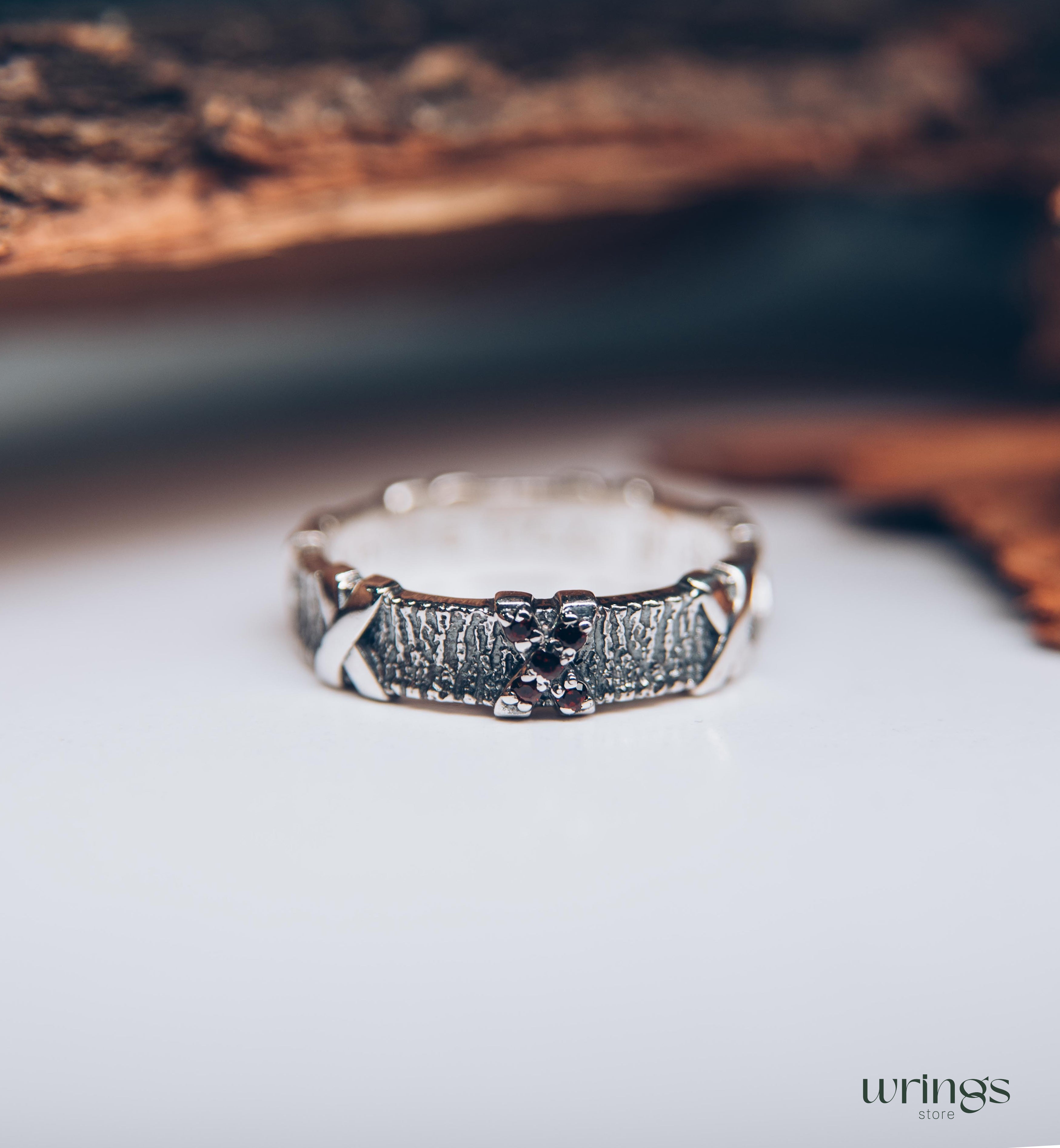 Silver Tree bark with cross Garnets Ring for Men and Women