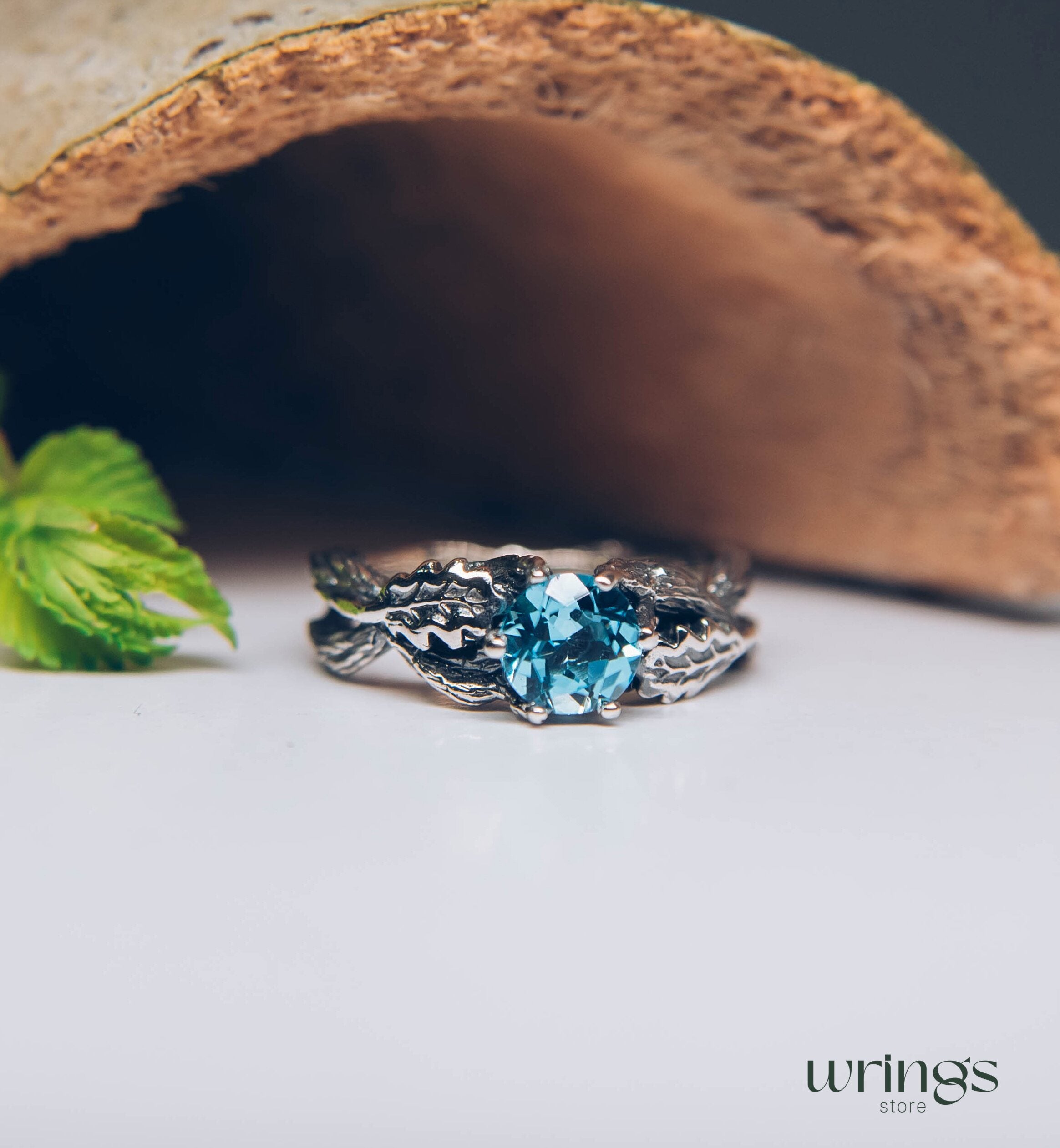 Topaz Engagement Ring — Silver Braided Branch and oak Leaves