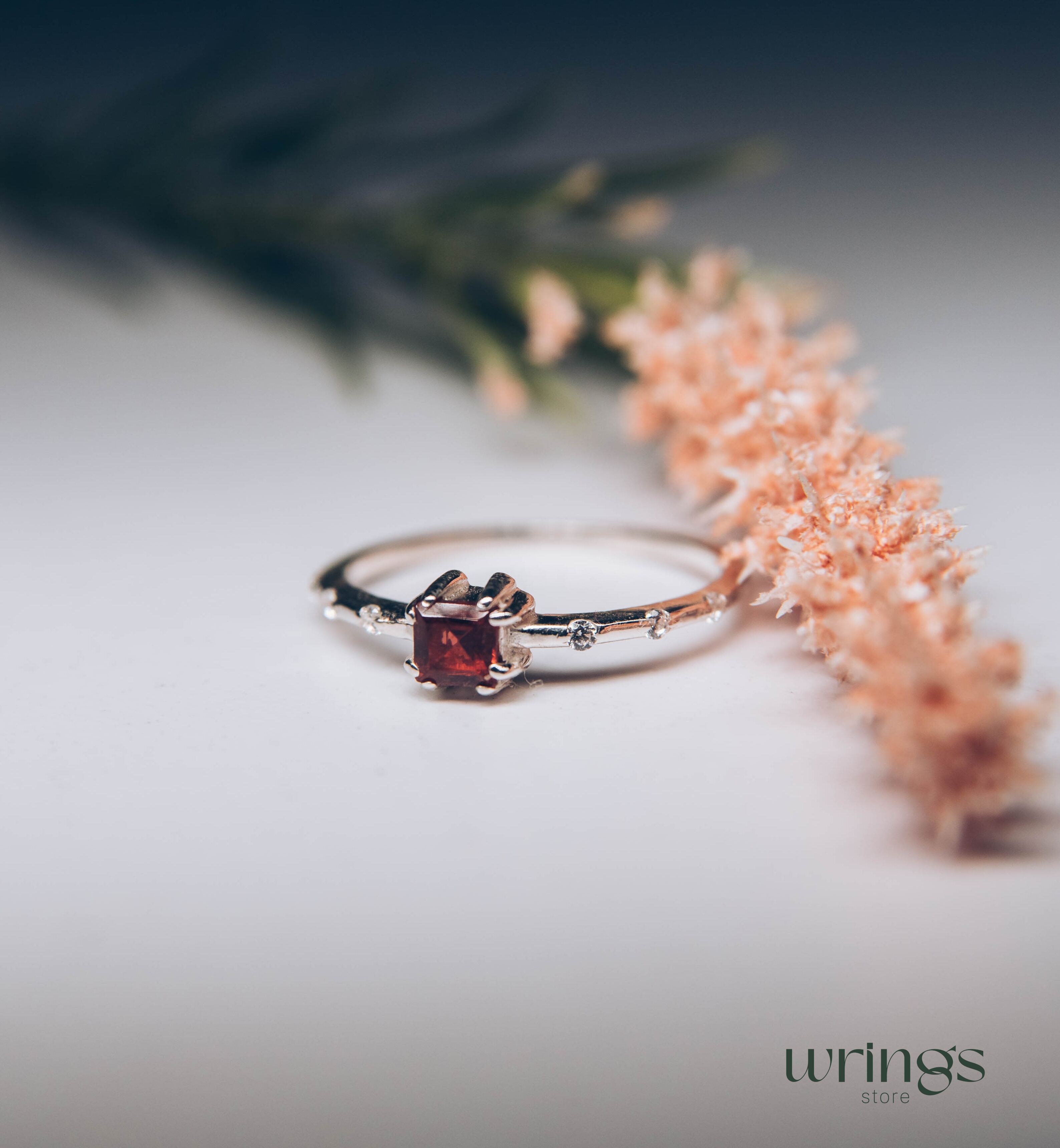 Square Central Garnet & CZ Side Stones Engagement Ring