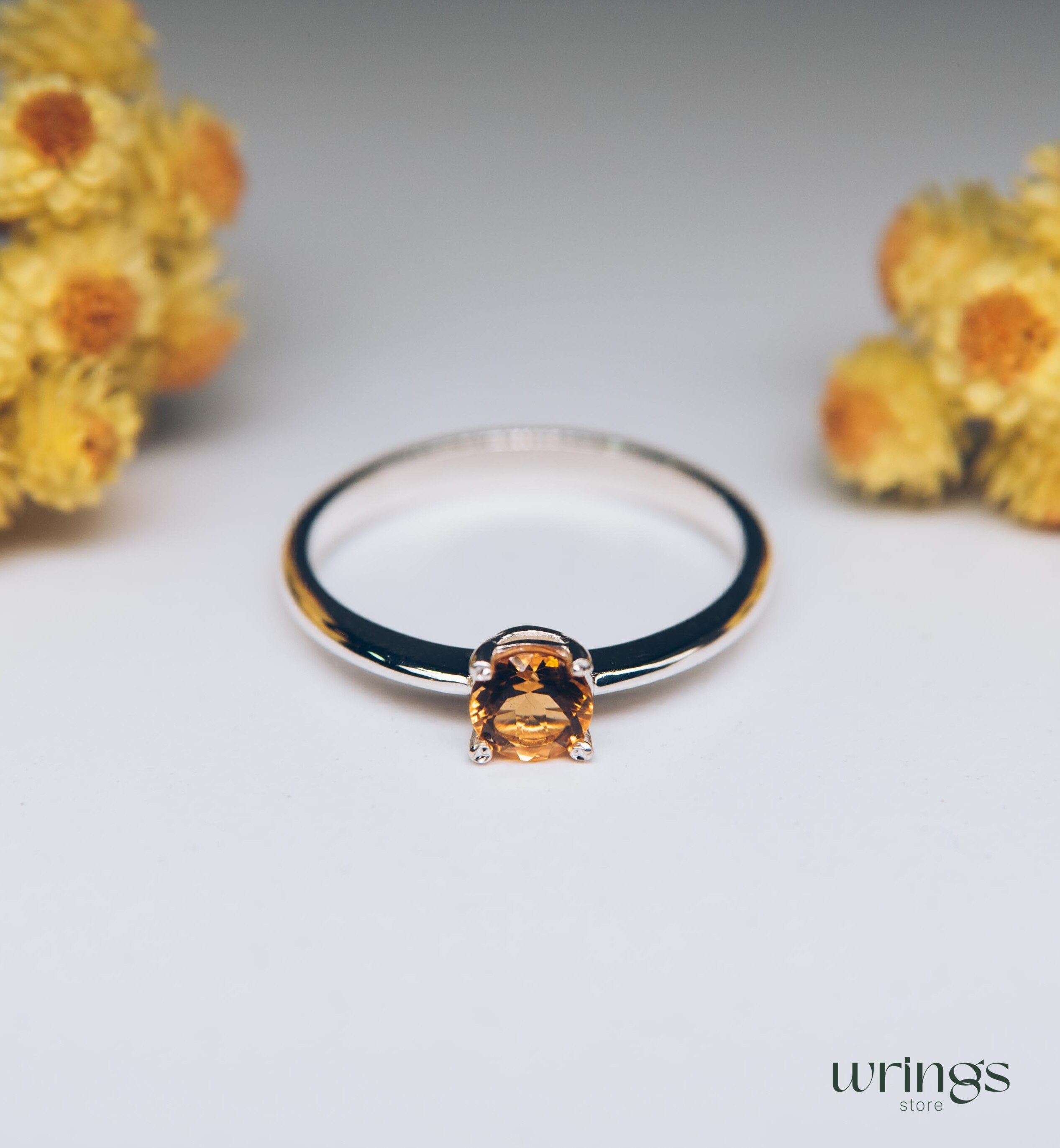 Yellow Citrine Classic Silver Solitaire Engagement Ring