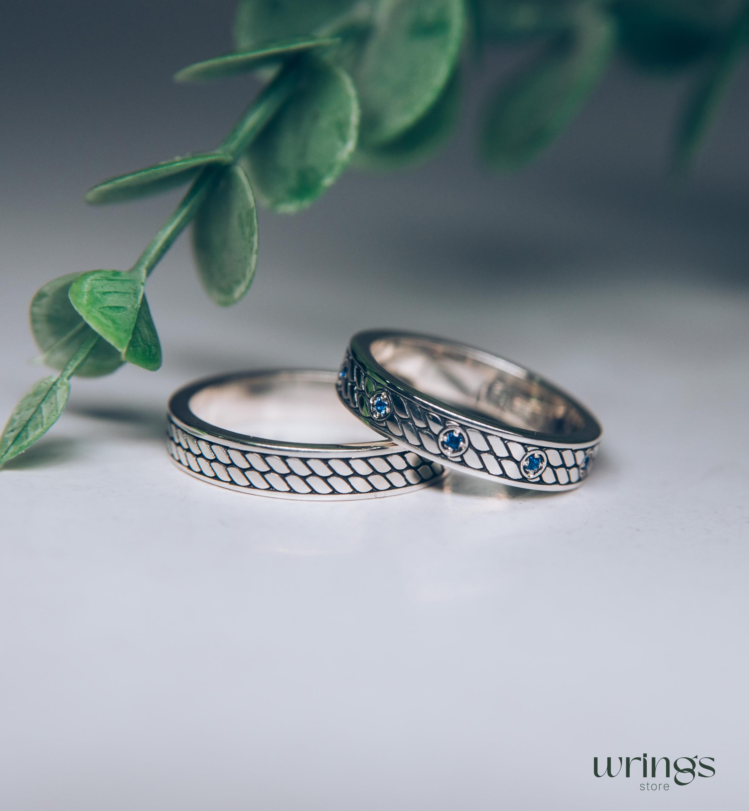 Couple Wedding Bands with Sapphire & Embossed Design