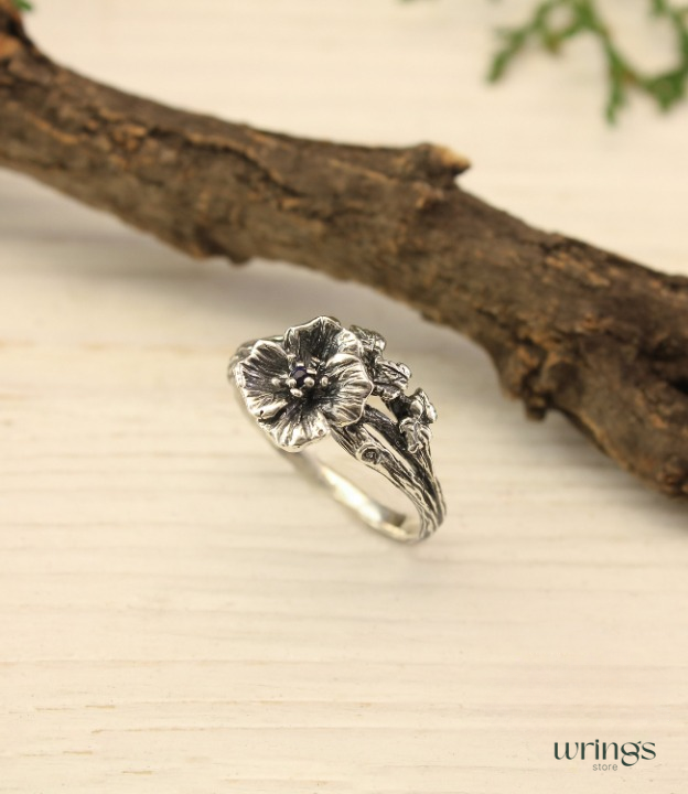 Poppy Flower Ring with Blue Sapphire Sterling Silver