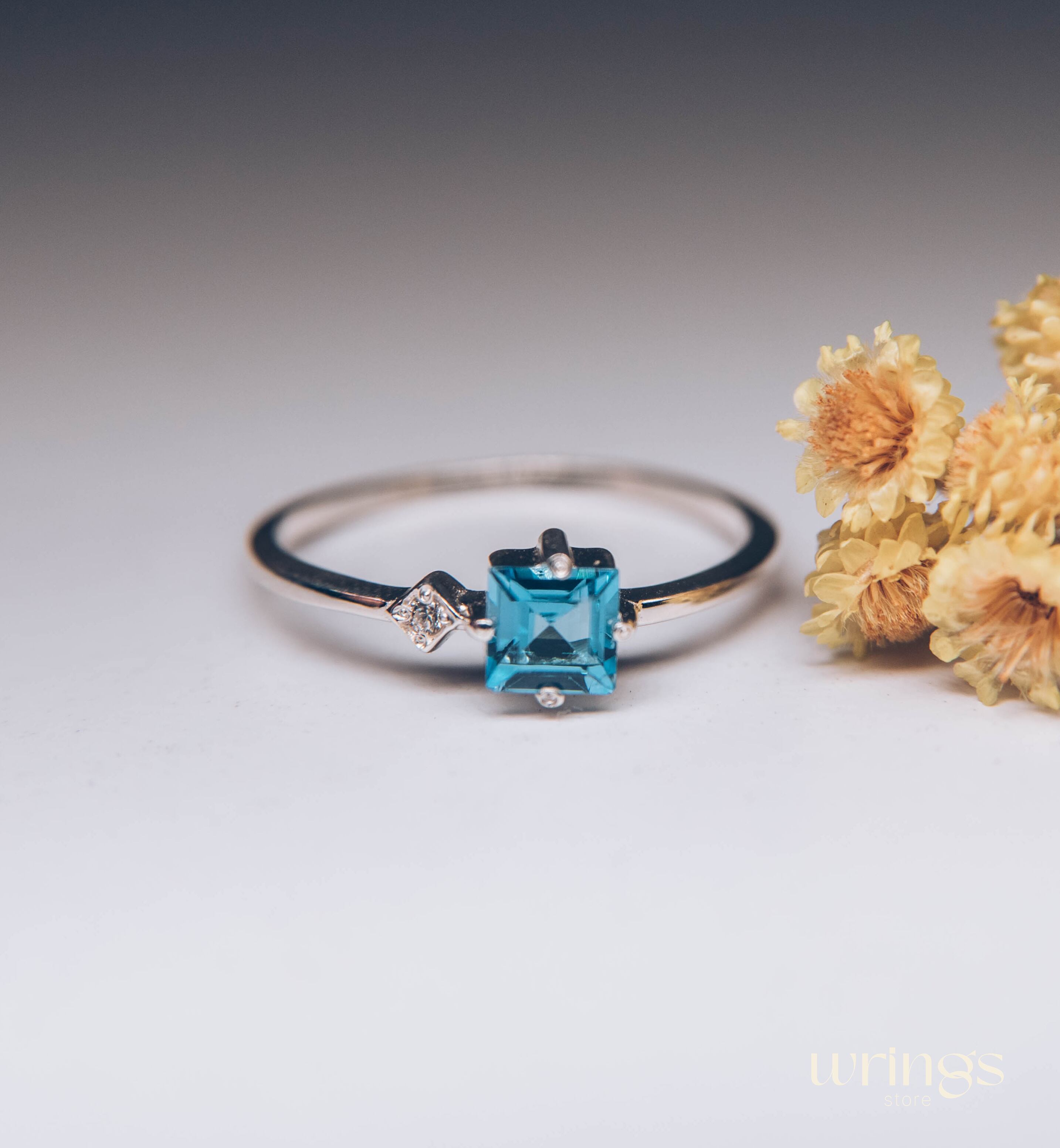 Square Swiss Topaz Ring Silver Side White Stone CZ