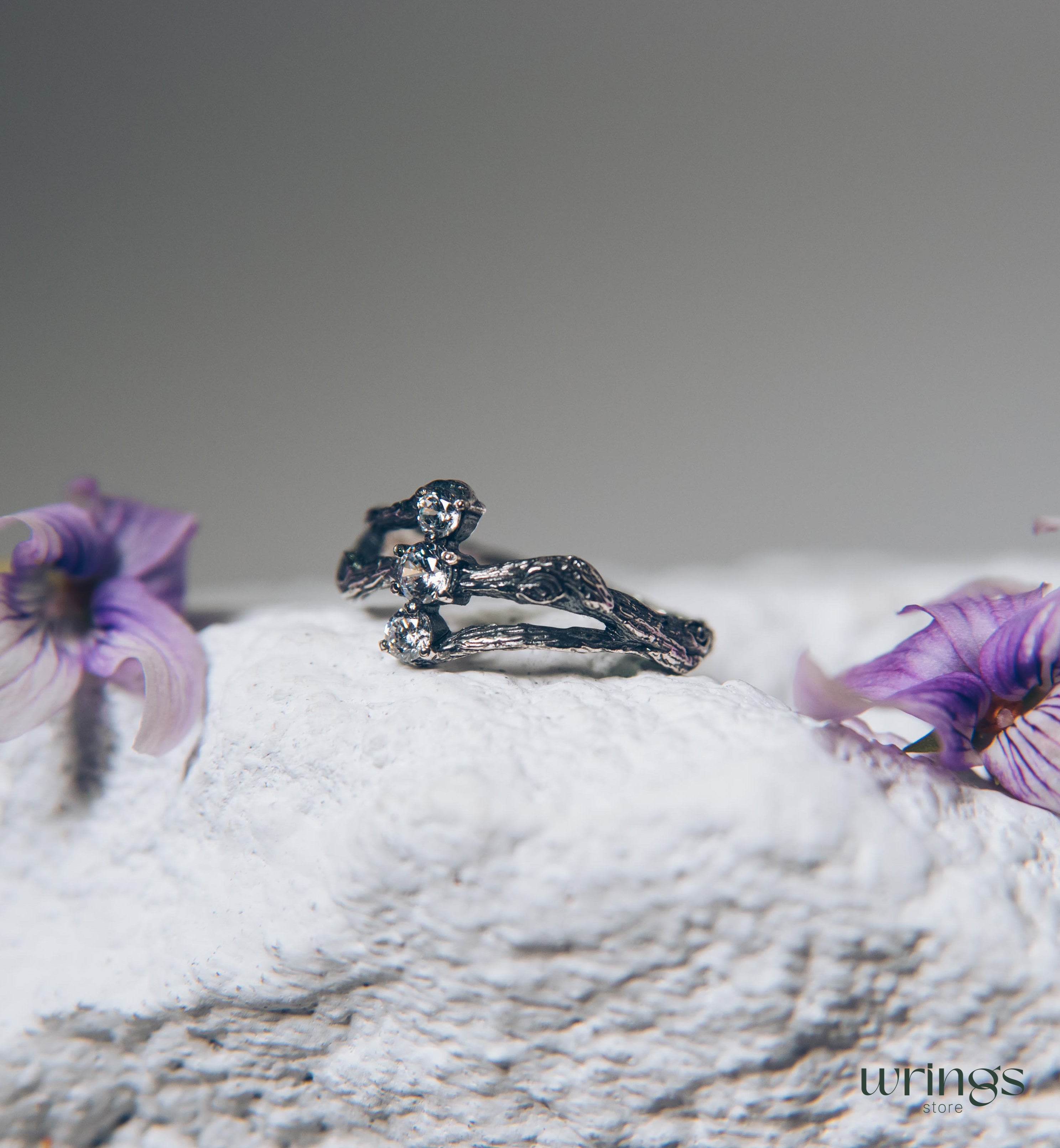 Three Stones on a Three Silver Twigs Cute Engagement Ring