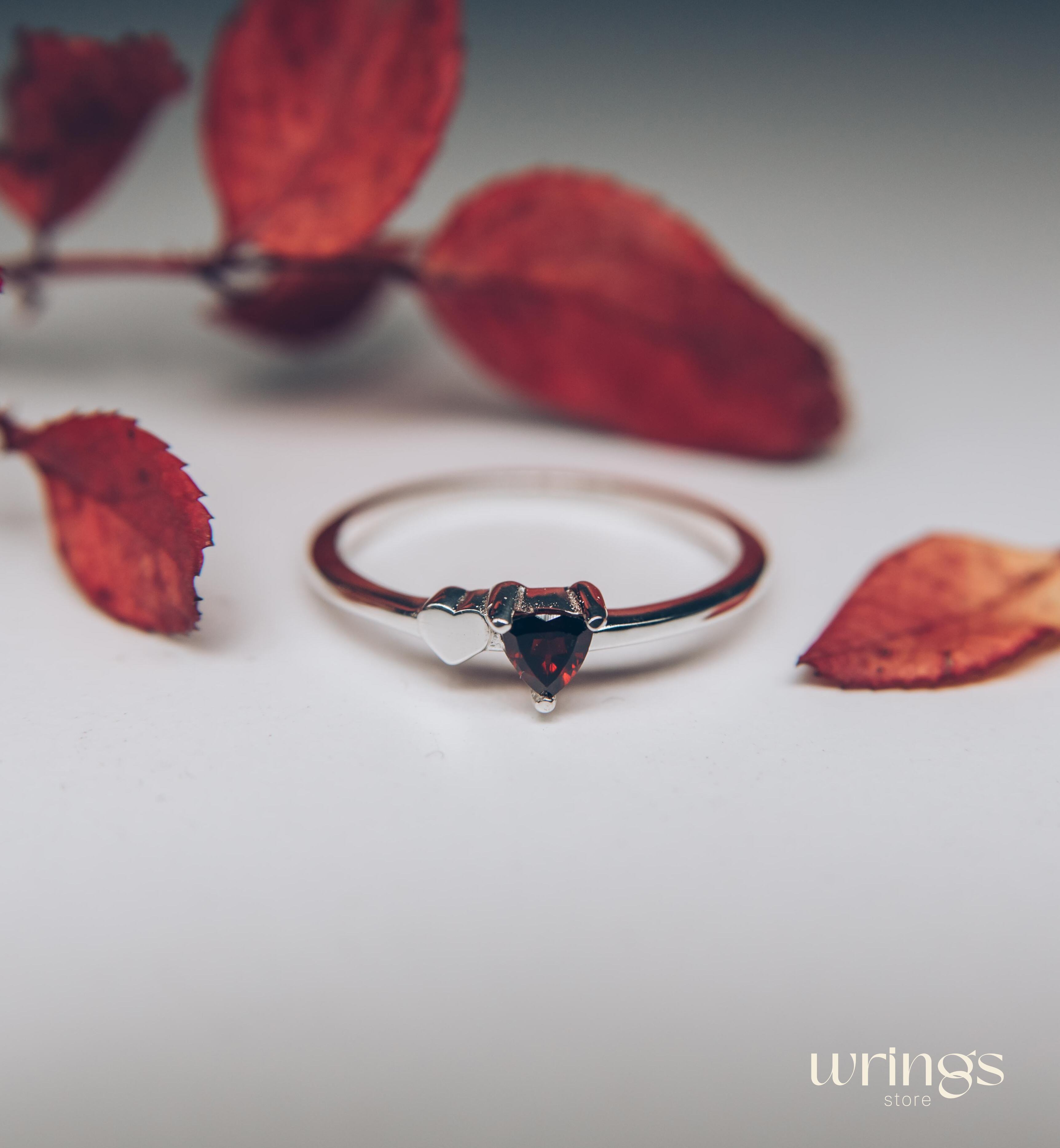 Trillion cut Garnet Silver Ring with Side Heart