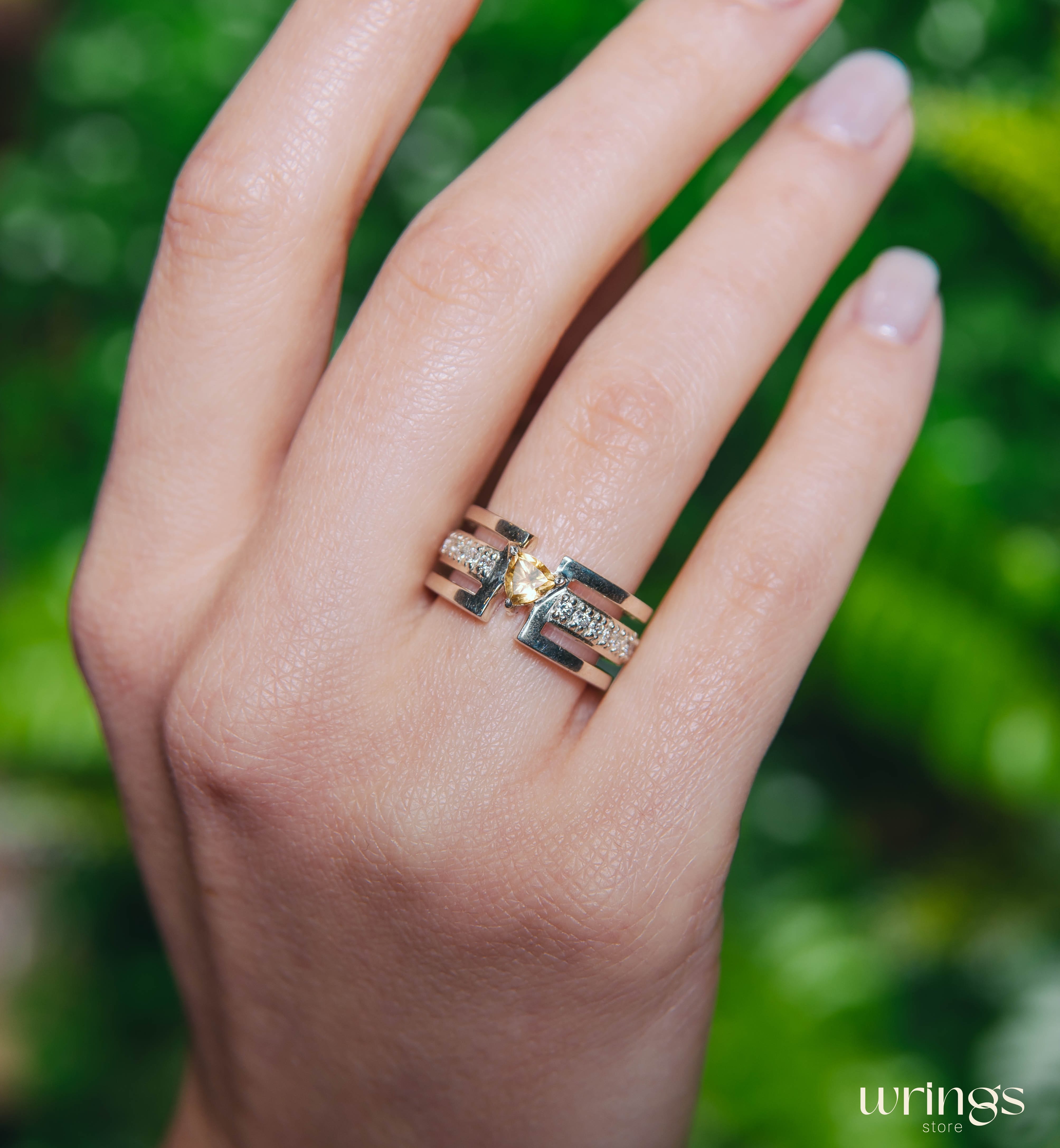 Womens Modernist Statement Ring with Trillion Citrine
