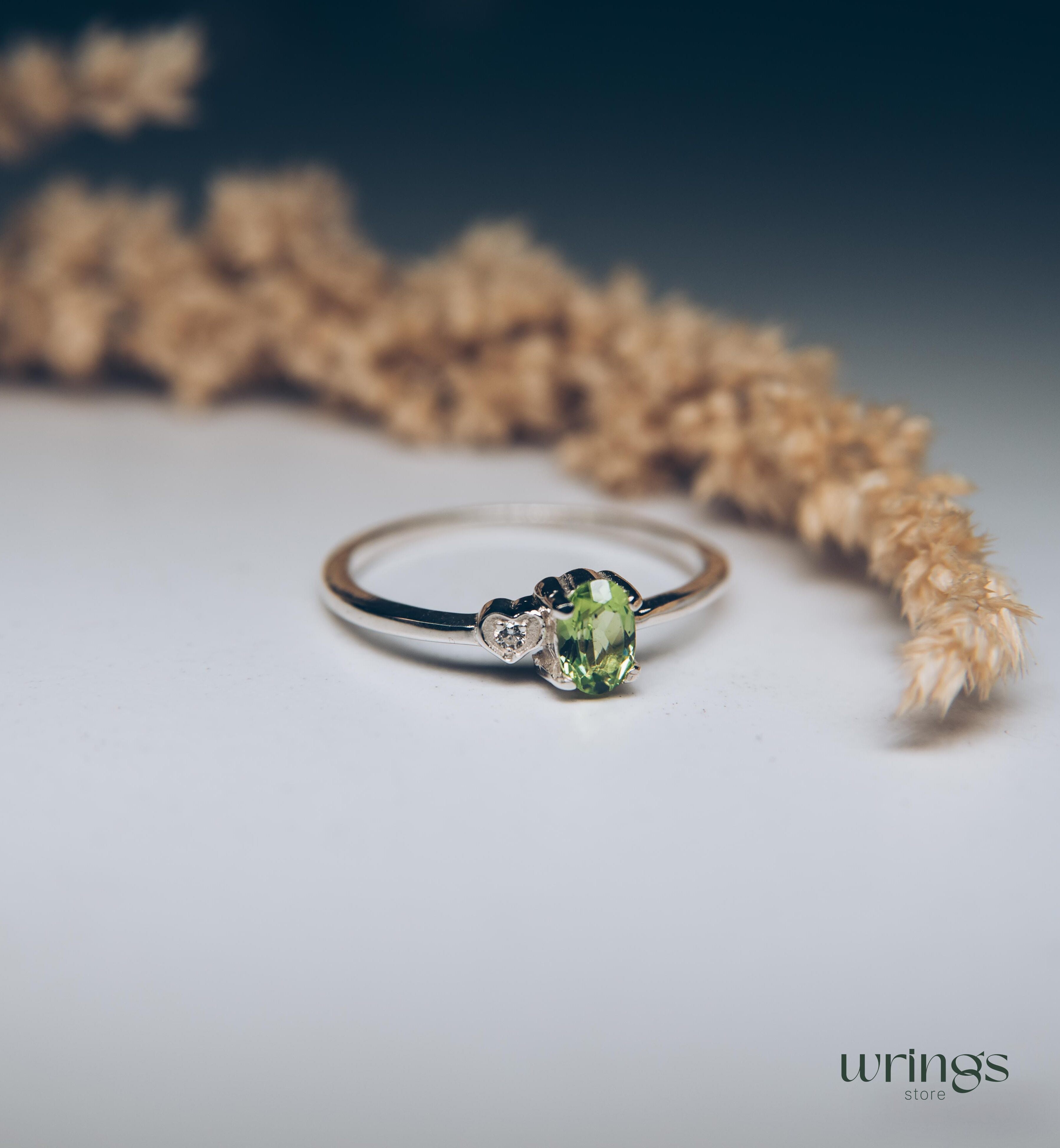 Vertical Oval Peridot Engagement Ring Silver & Heart