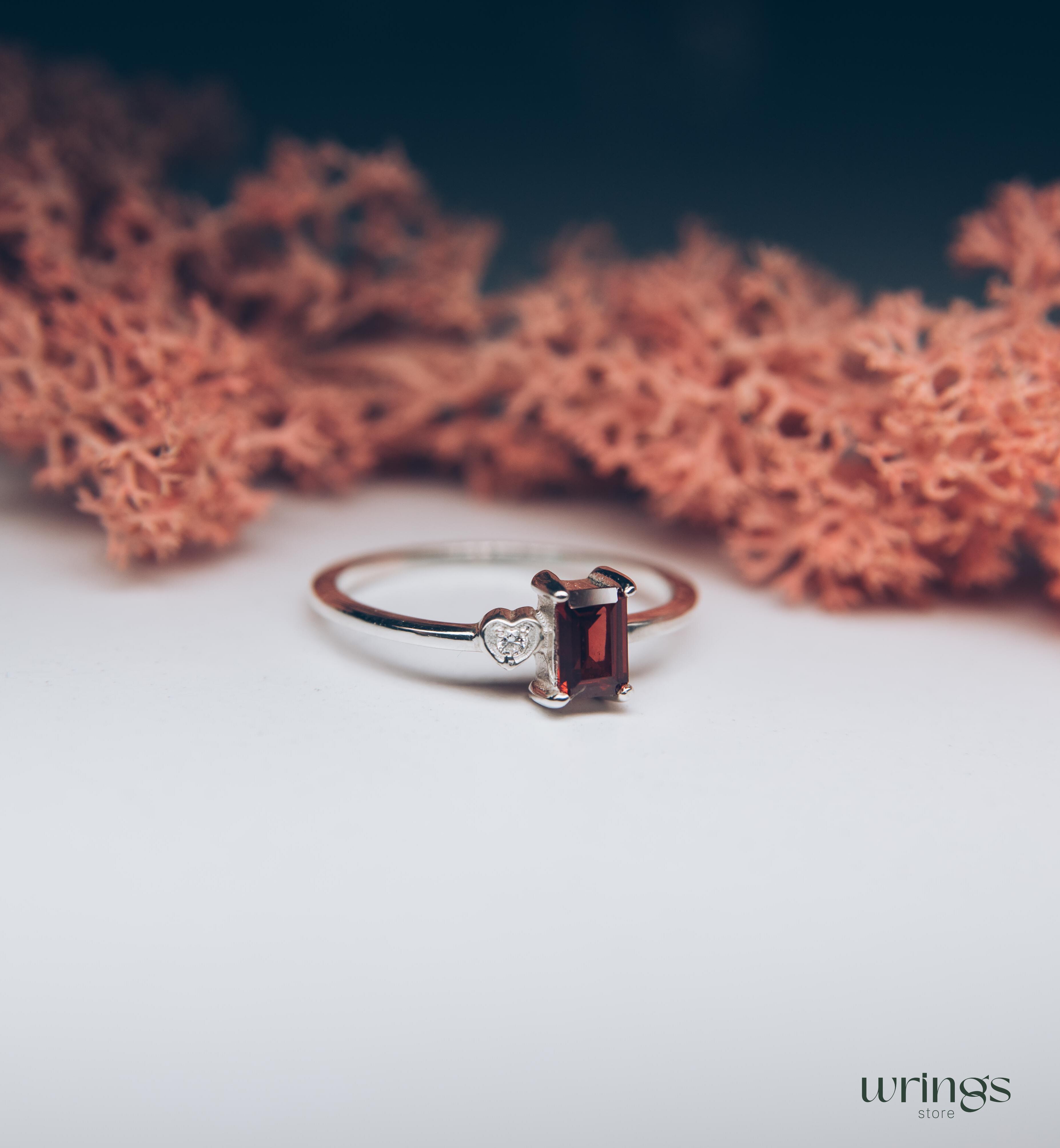 Silver Garnet Engagement Ring & Side Stone CZ in Heart