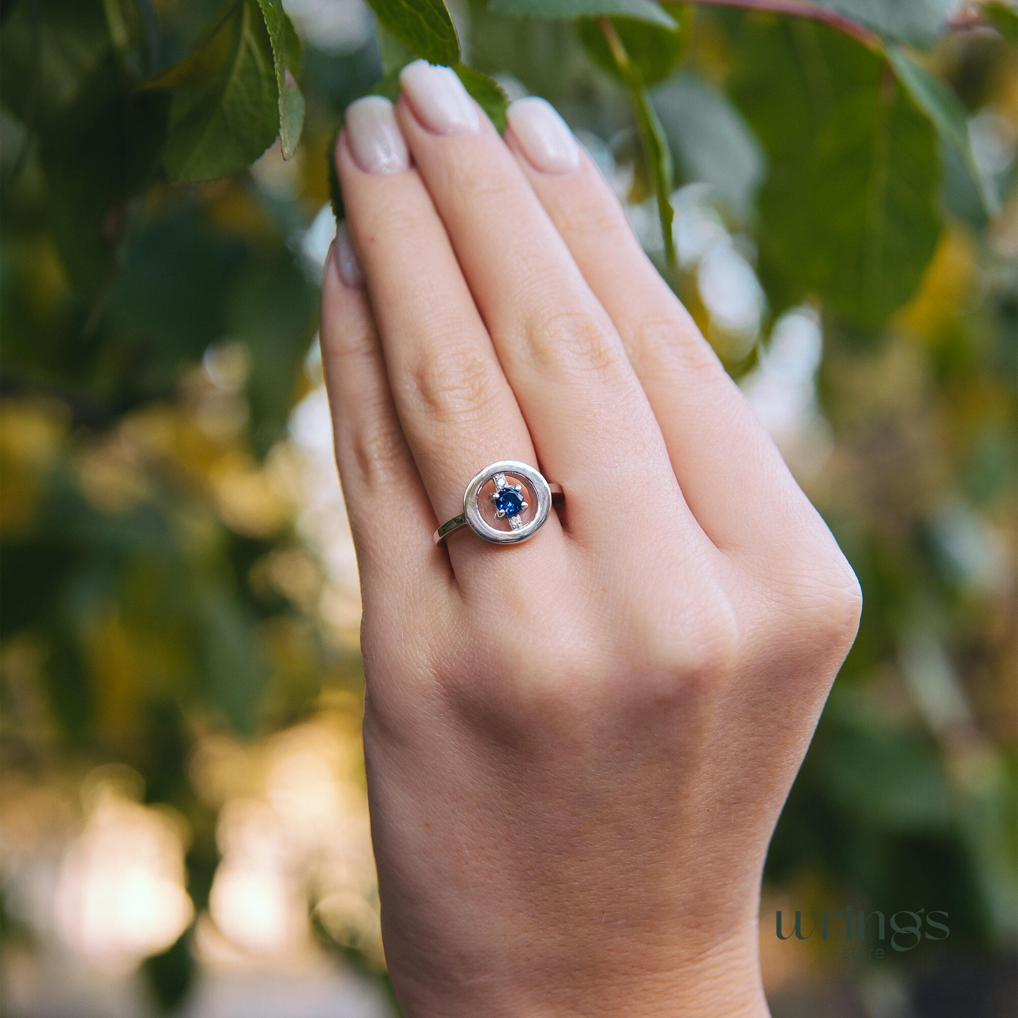 Blue Sapphire & CZ Silver Round Open Engagement Ring