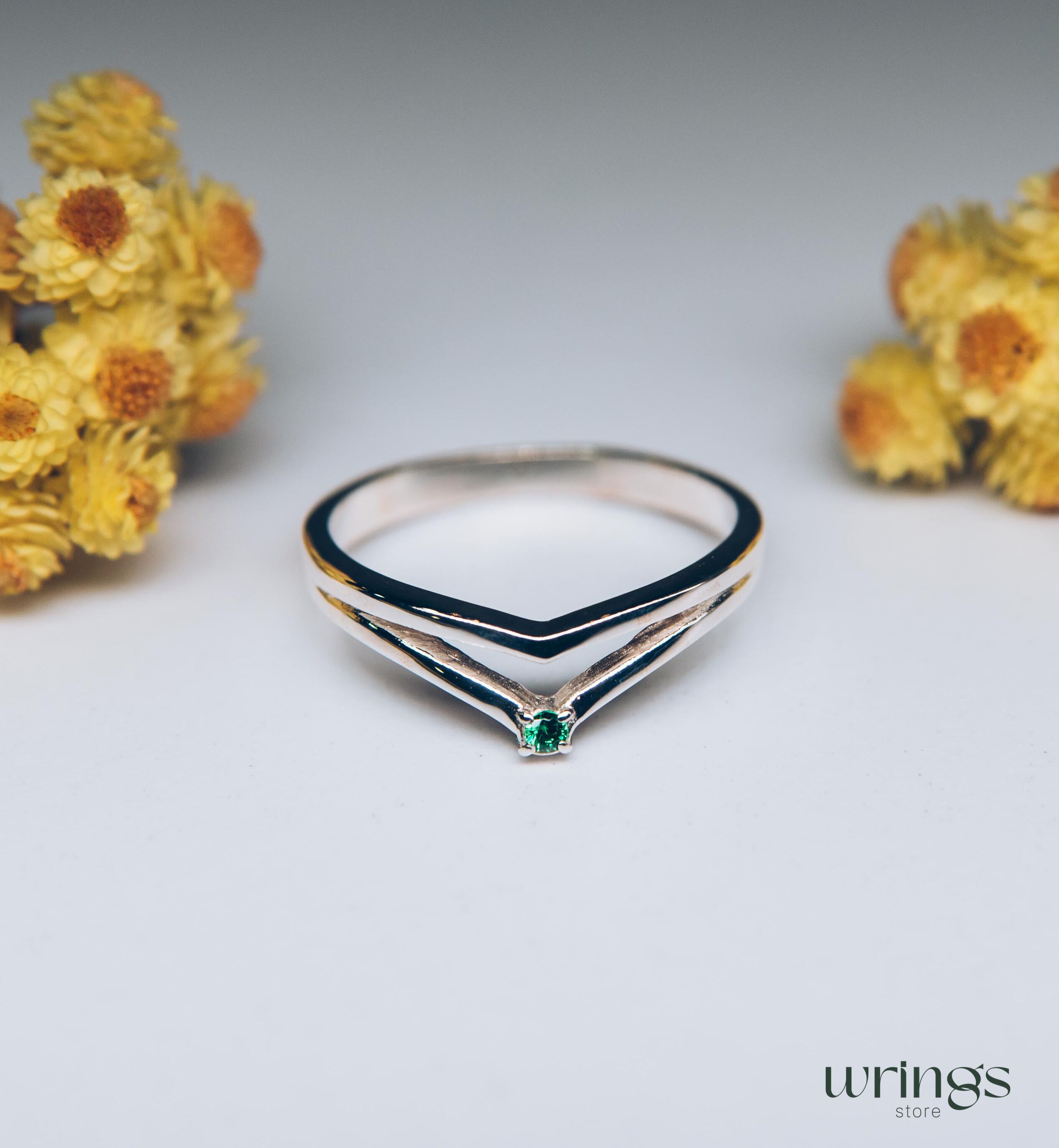 Small Emerald Double Chevron Wedding Ring Solid Silver