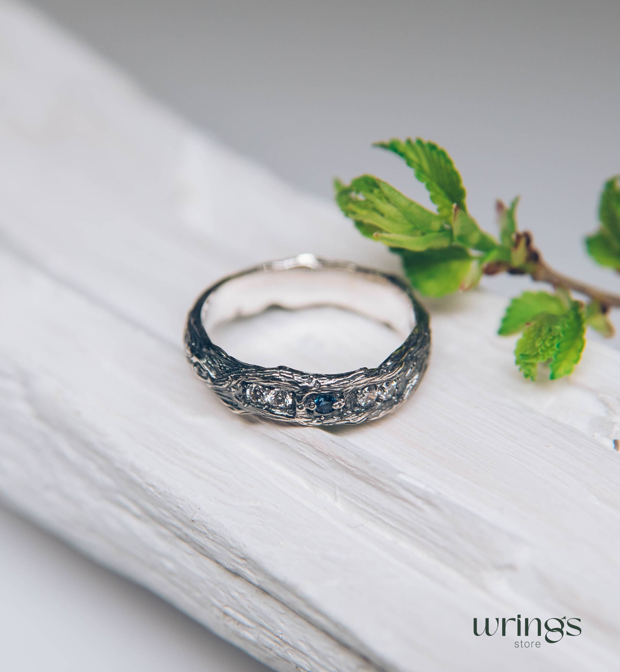 Unusual Tree Bark Sapphire Wedding Ring adorned with side CZ Accents