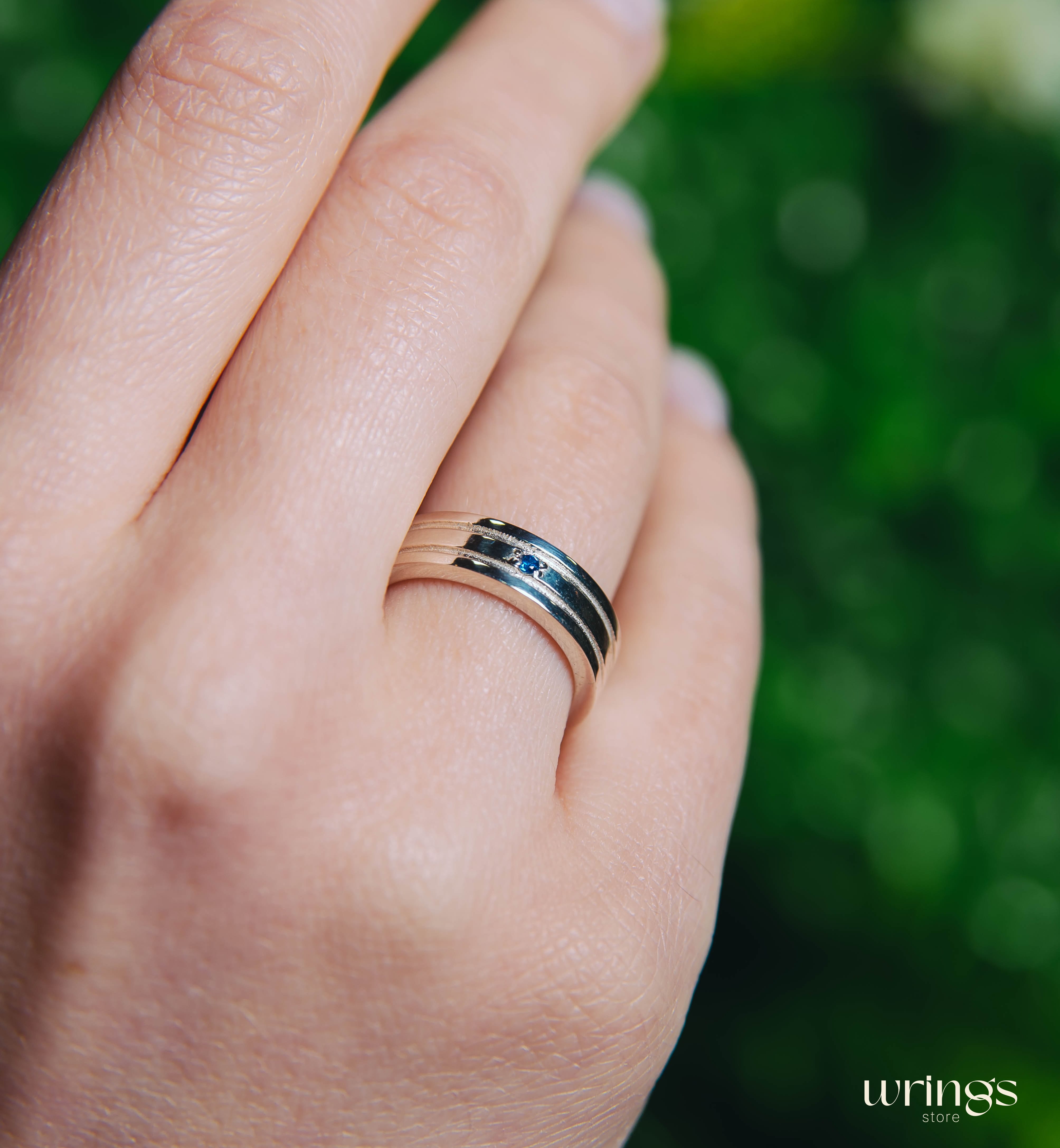 Womens Engraved Silver Wedding Band with Sapphire