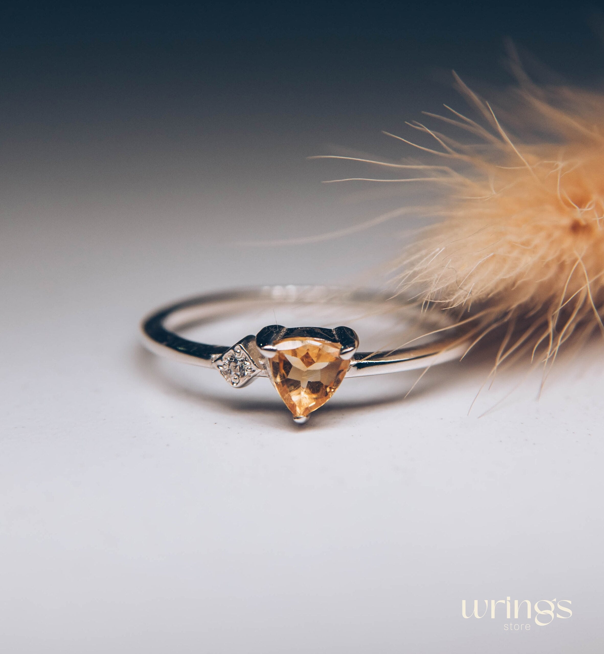 Trilliant Citrine Silver Ring & White CZ Side Stone