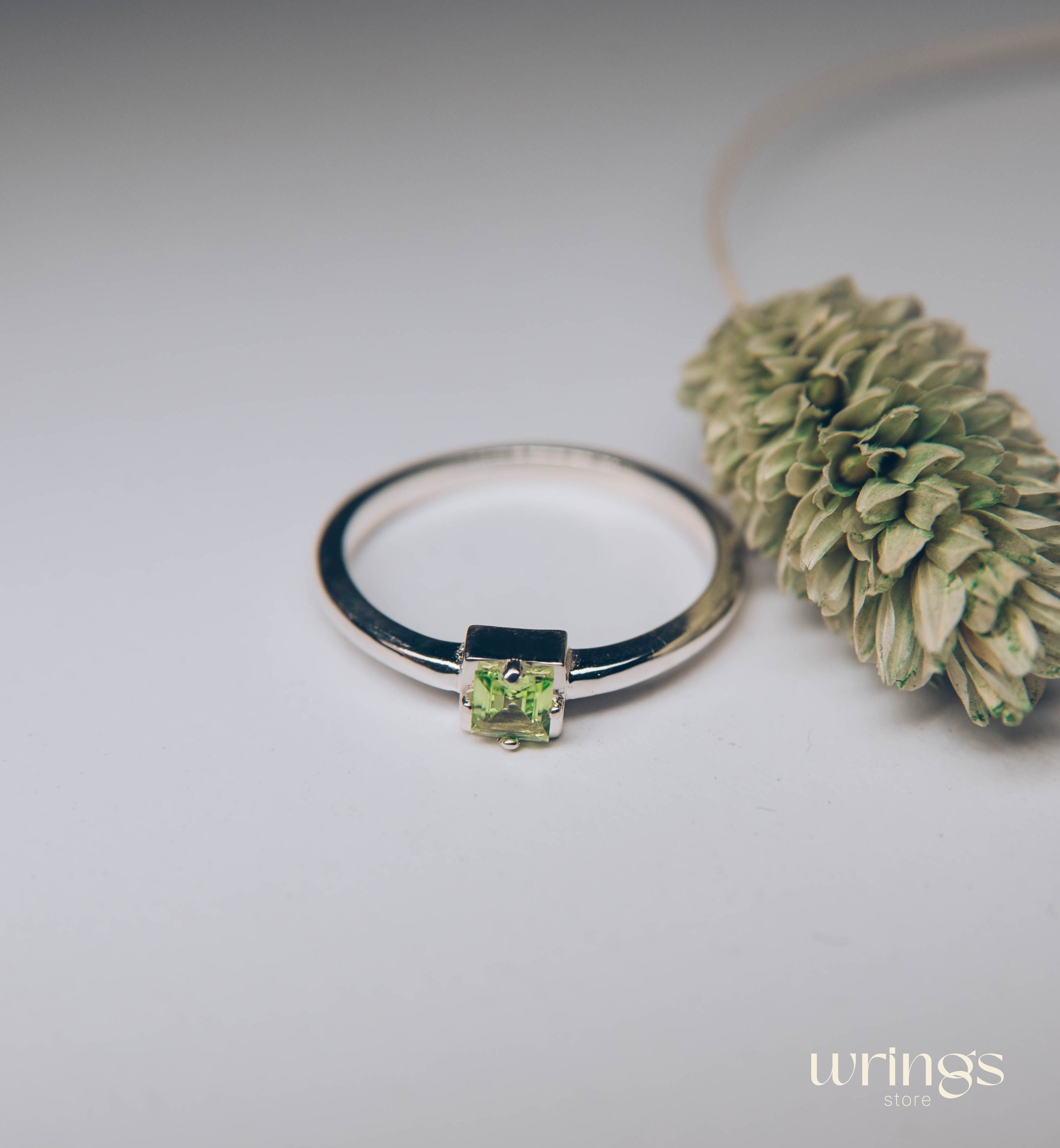 Square Peridot Simple Silver Engagement Ring