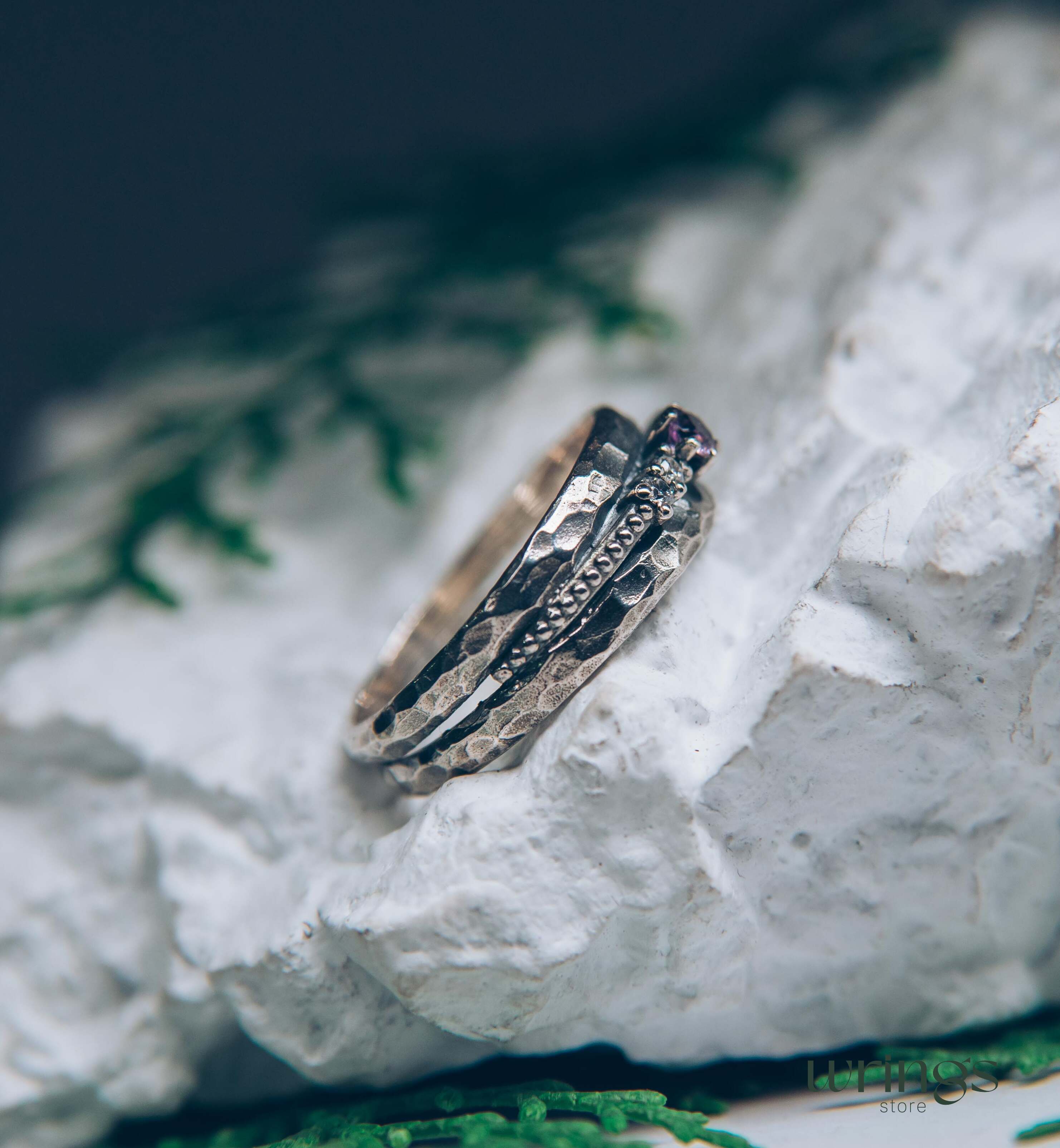 Unique Silver Women's Hammered Ring with Amethyst and CZ