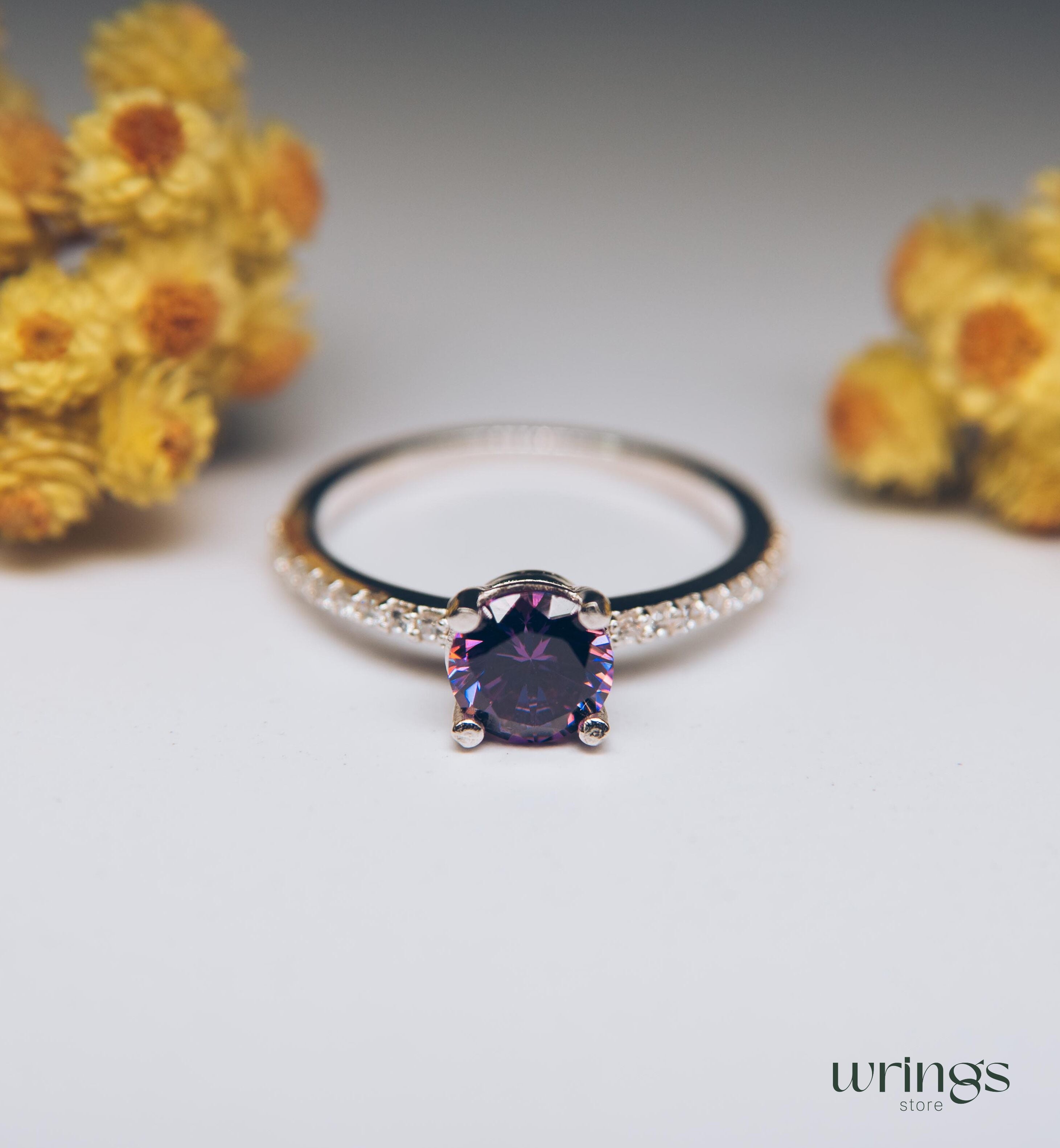 Amethyst Engagement Ring Silver with White Gems on Band