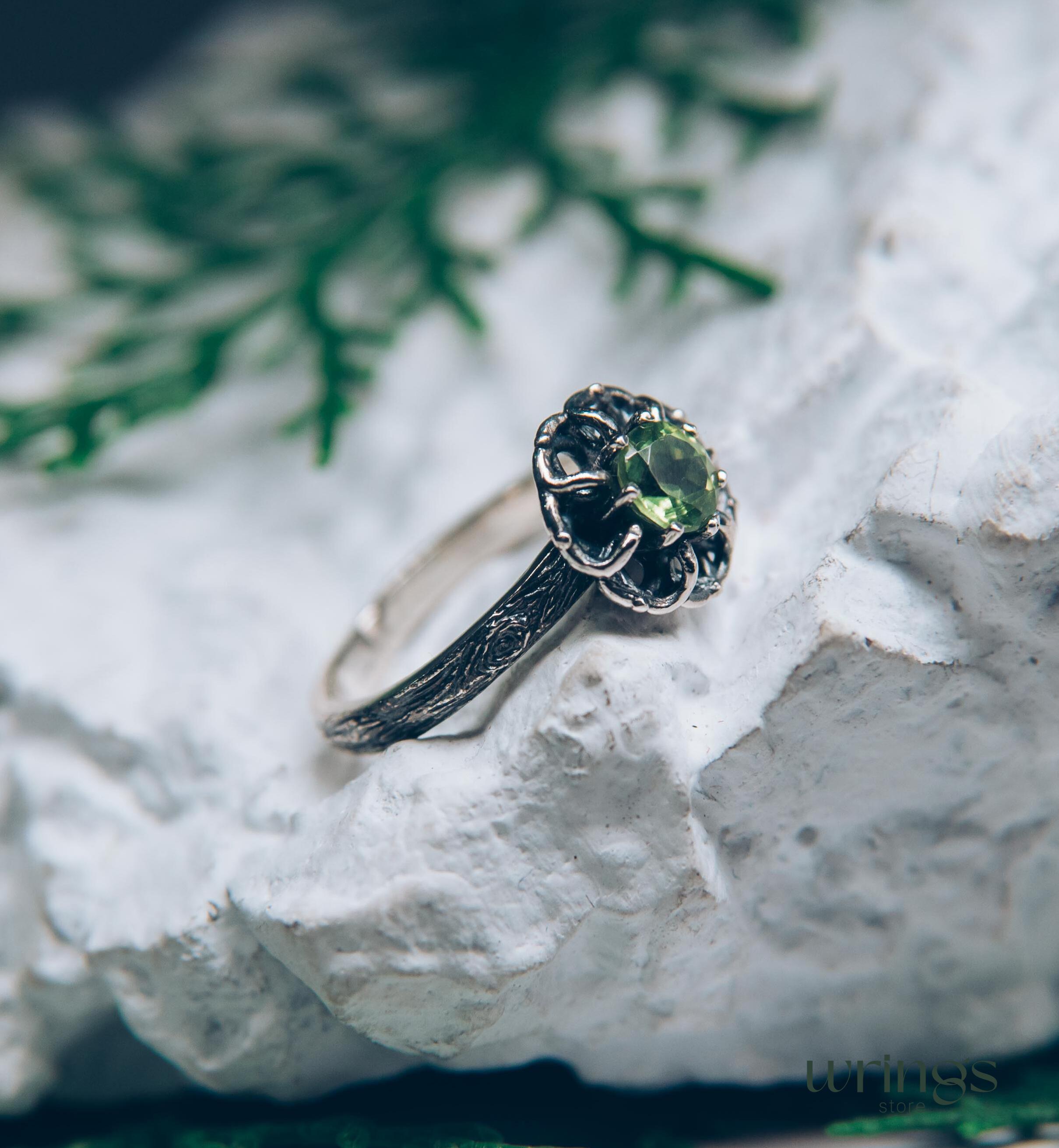 Silver Branch and Peridot Flower Engagement Ring for Women