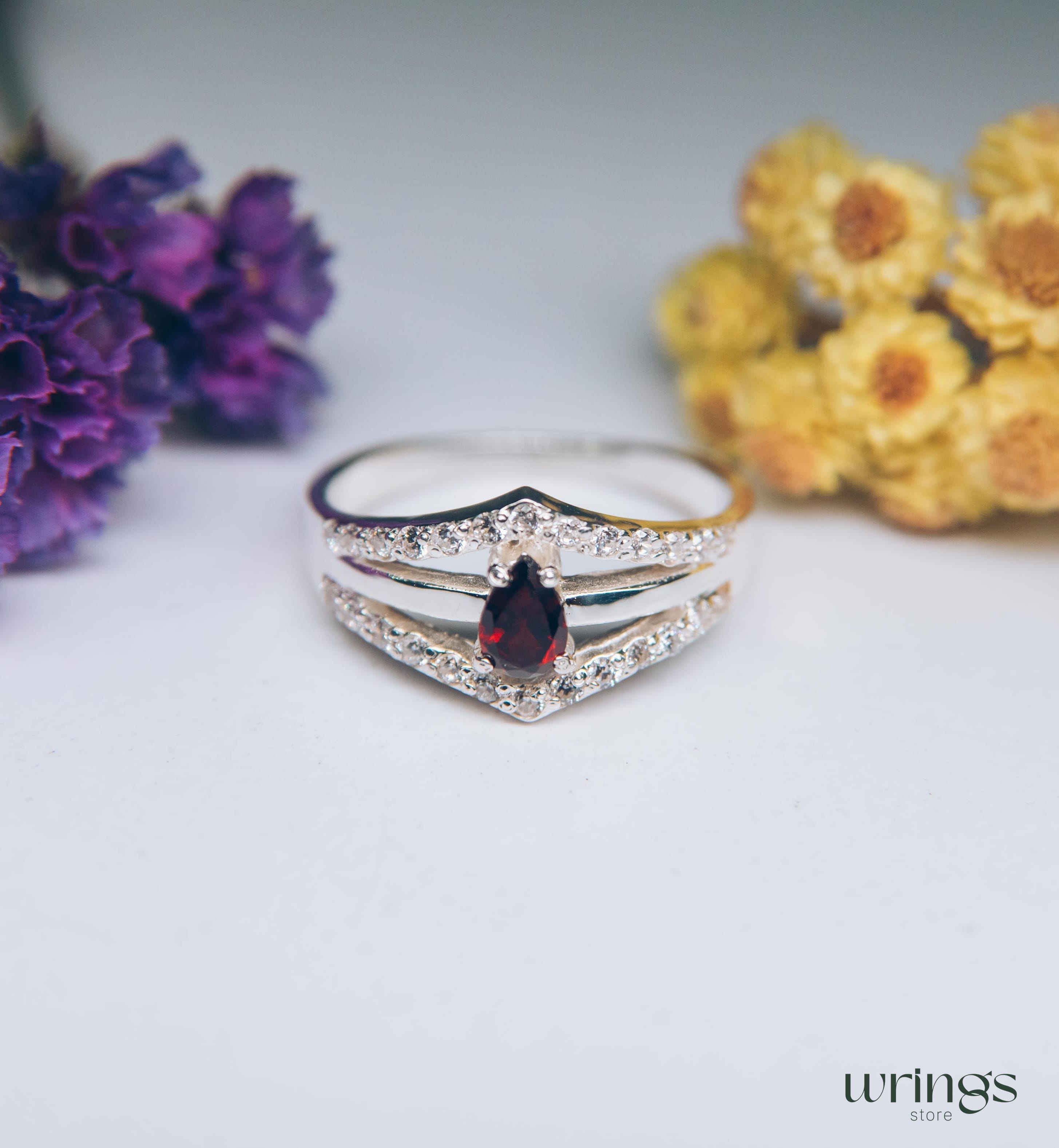 Pear Garnet Statement Ring Silver Double V shaped